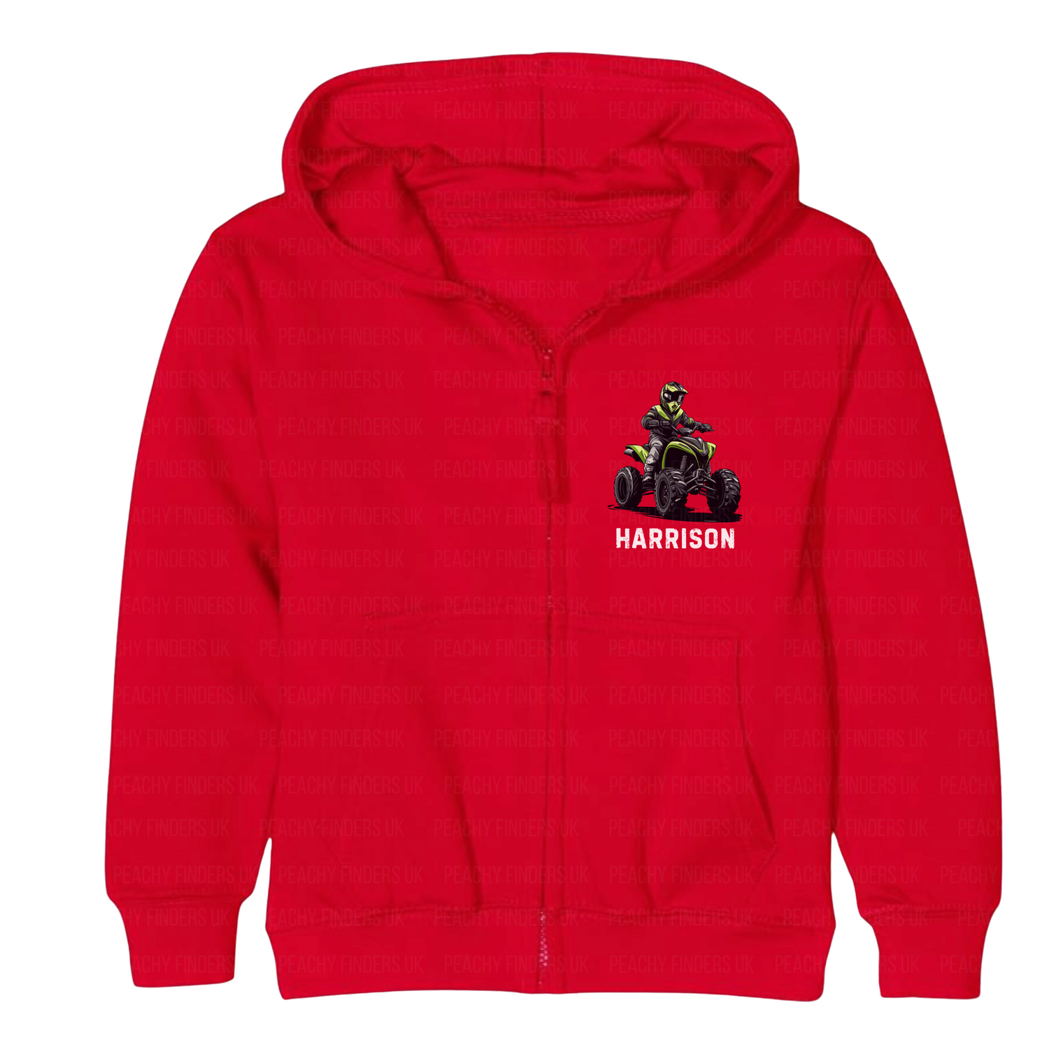 Red hoodie with a graphic of a person on a four-wheeler and the name 'Harrison' on a white background