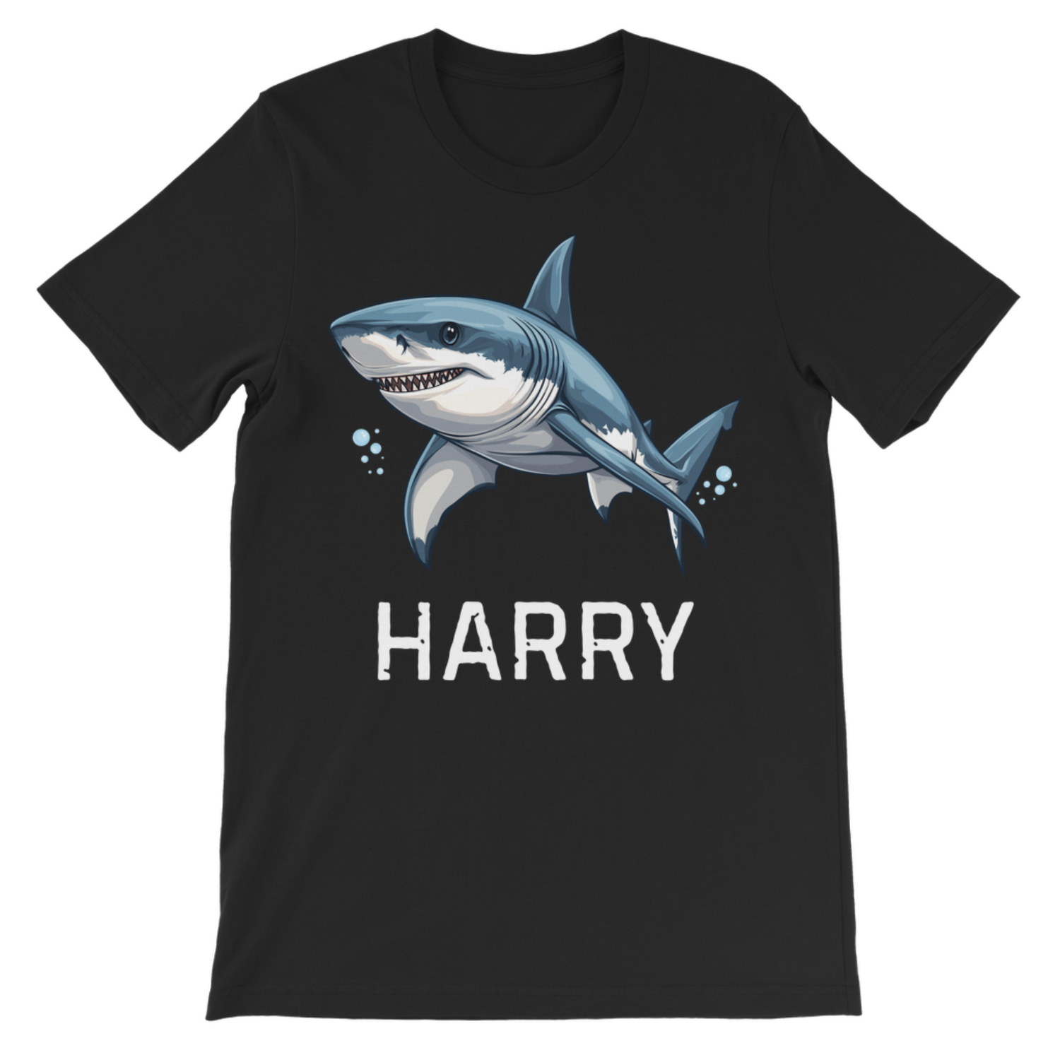 Kids personalised black T-shirt with a great white shark graphic and custom name  printed underneath