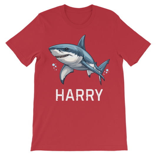 Kids red personalised T-shirt with shark graphic and custom name 'Harry' printed underneath