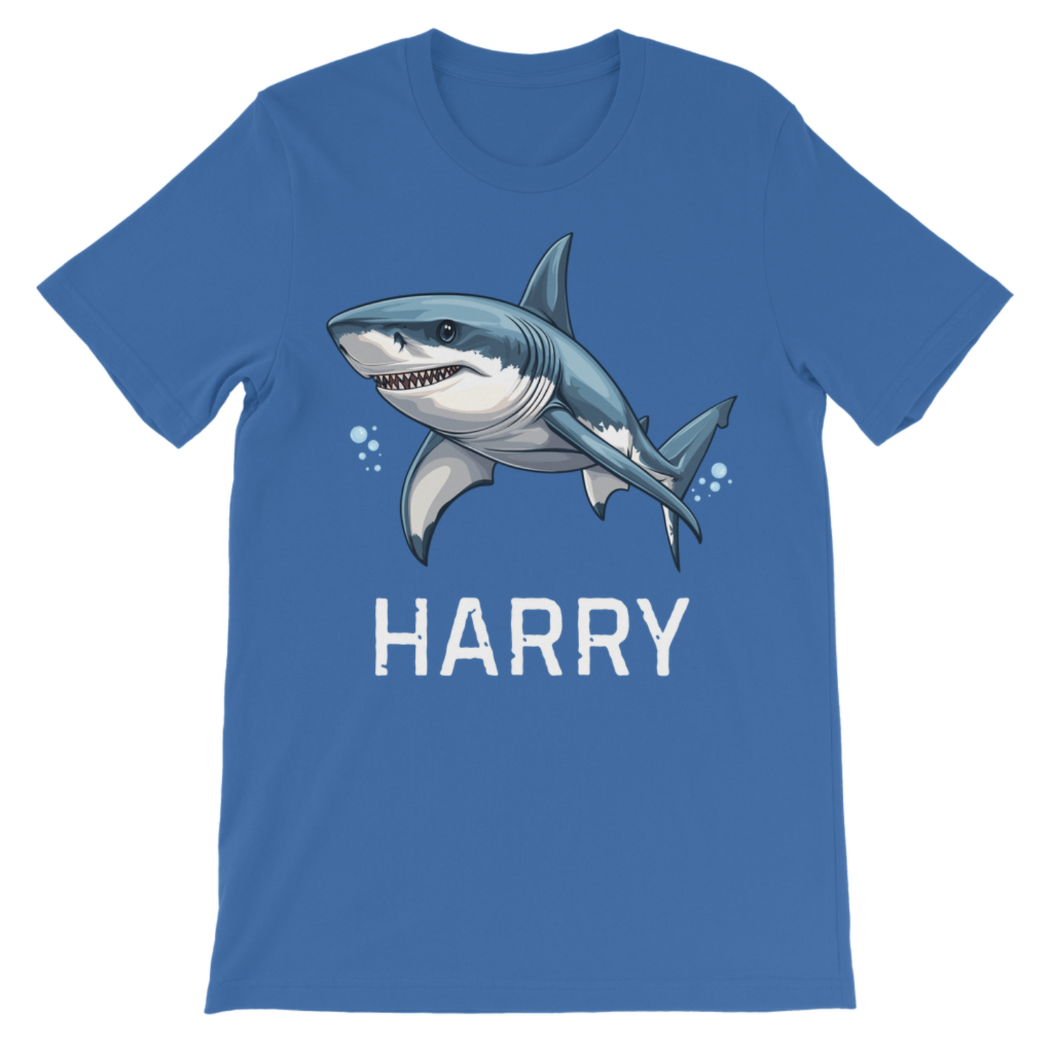 Royal blue children's cotton personalised T-shirt with a great white shark graphic and custom name  printed underneath