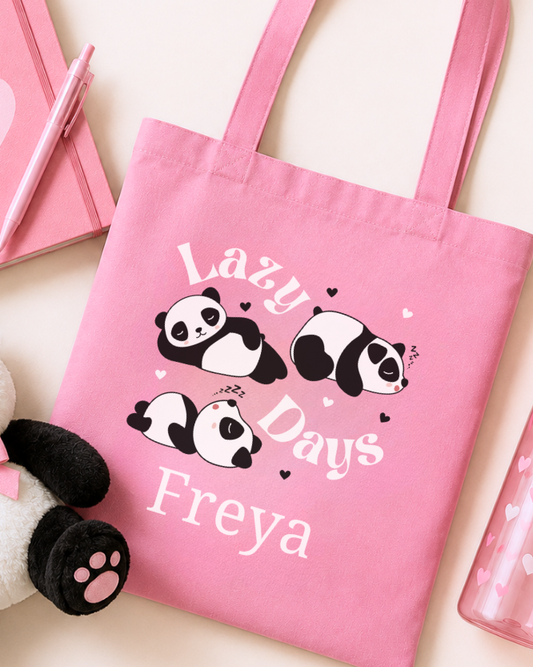 Personalised pastel pink kids panda tote bag with sleeping panda Lazy Days design and school accessories