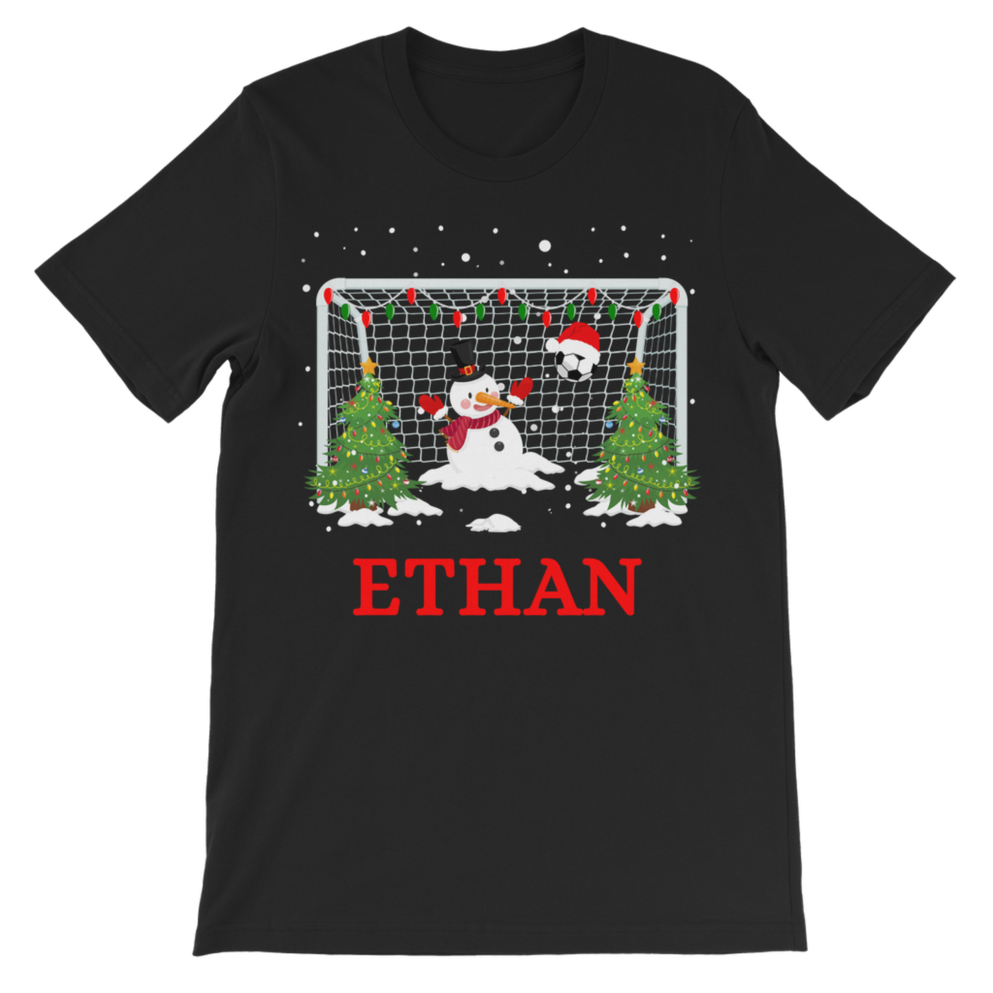Children’s personalised Christmas football T-shirt in black featuring a snowman goalie, football goal, festive trees and custom red name.