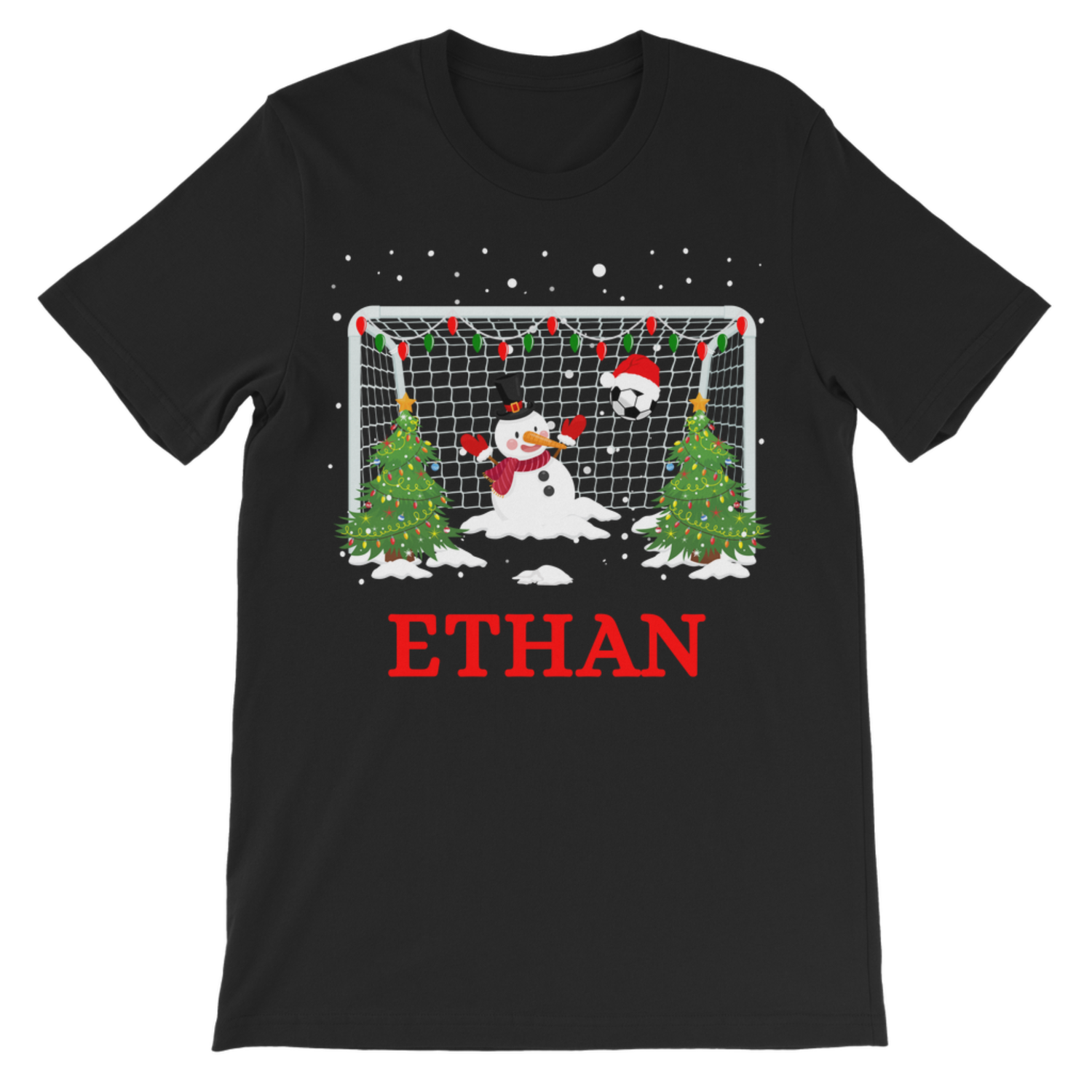 Children’s personalised Christmas football T-shirt in black featuring a snowman goalie, football goal, festive trees and custom red name.