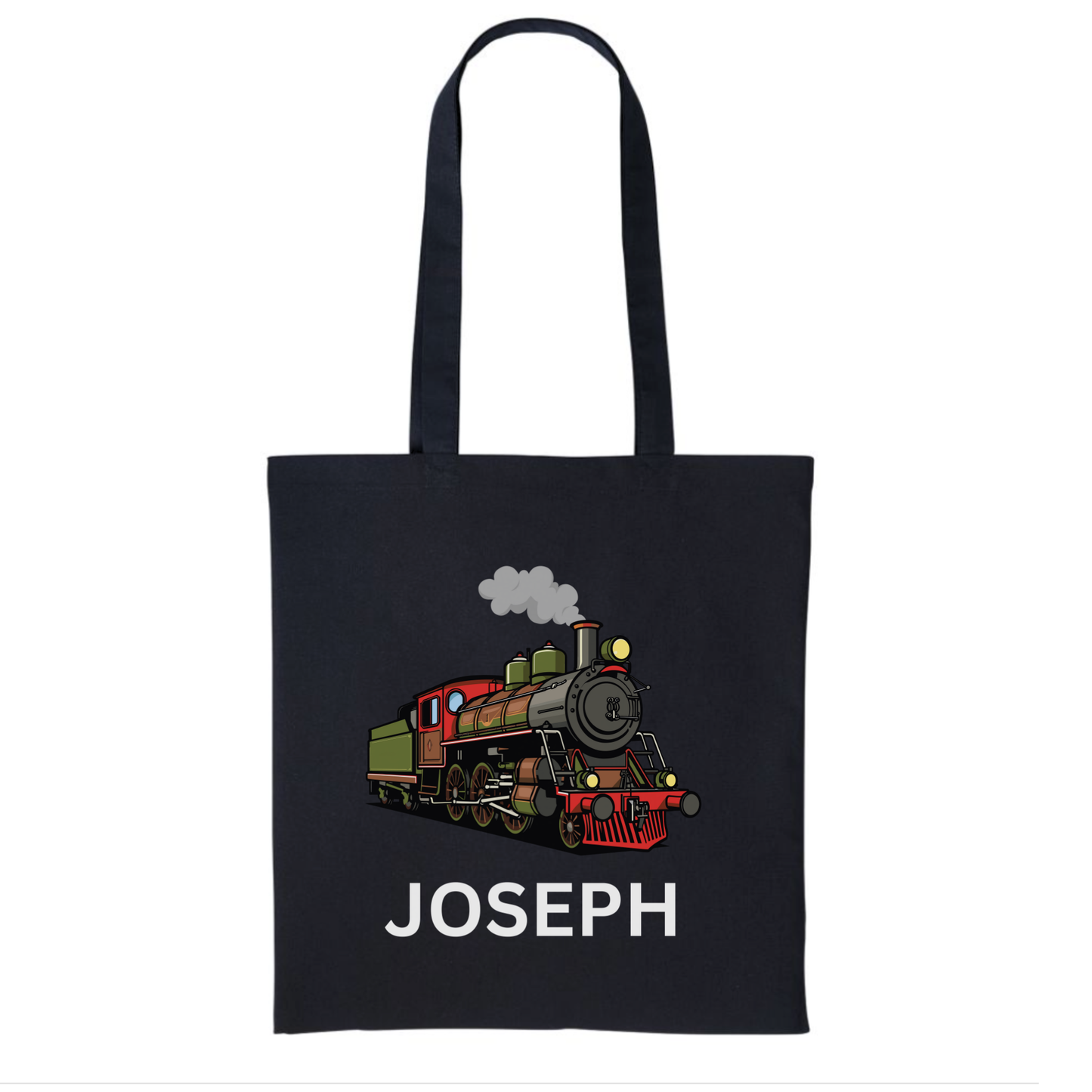 Kids personalised steam train tote bag in black with a colourful vintage steam engine and a child’s name printed underneath.
