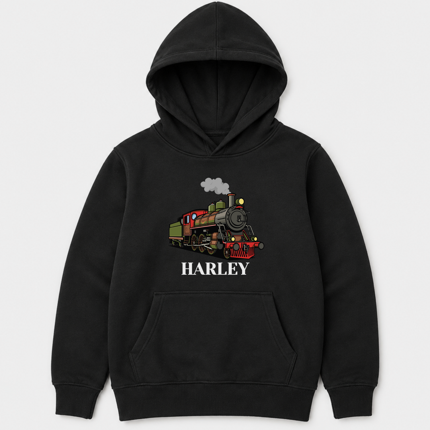 Kids black personalised vintage steam train pullover hoodie