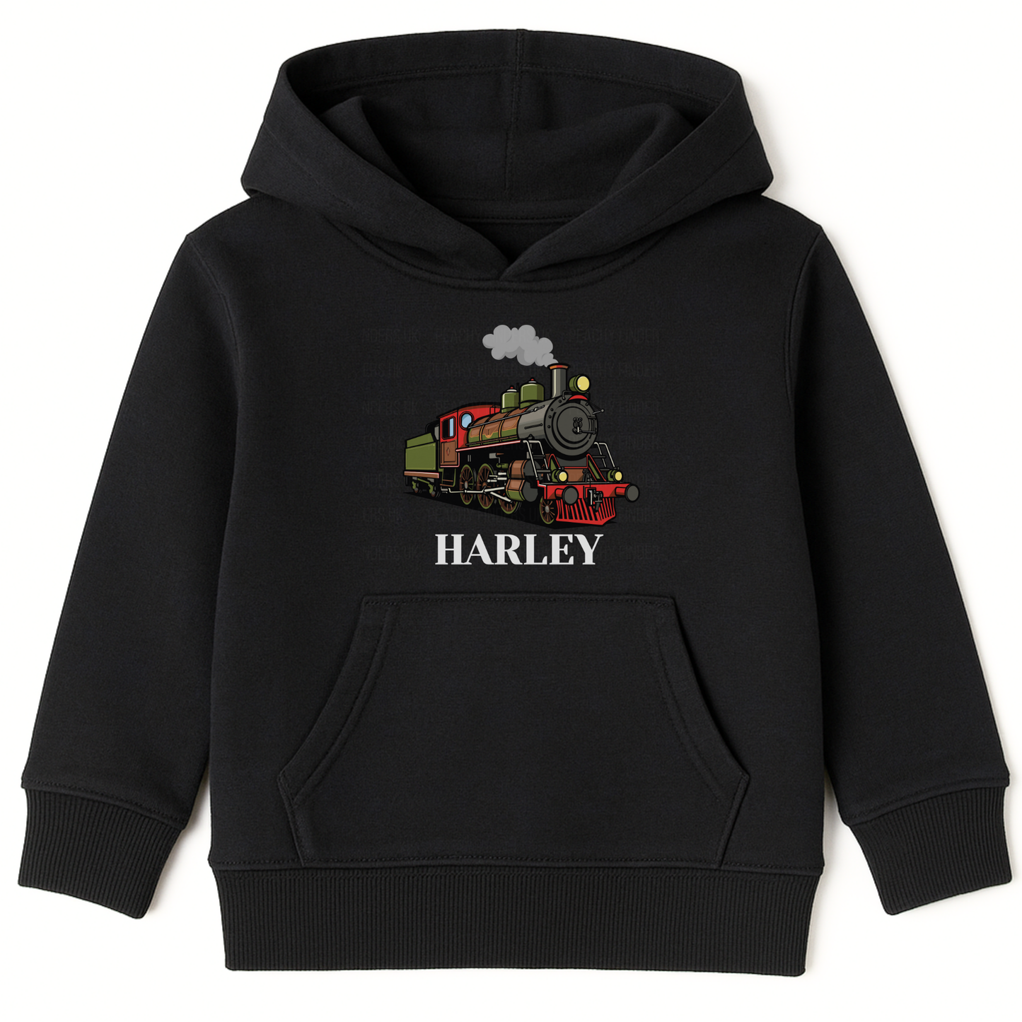 Kids black hoodie with a colourful steam train graphic and the custom name “Harley” printed underneath on the front.