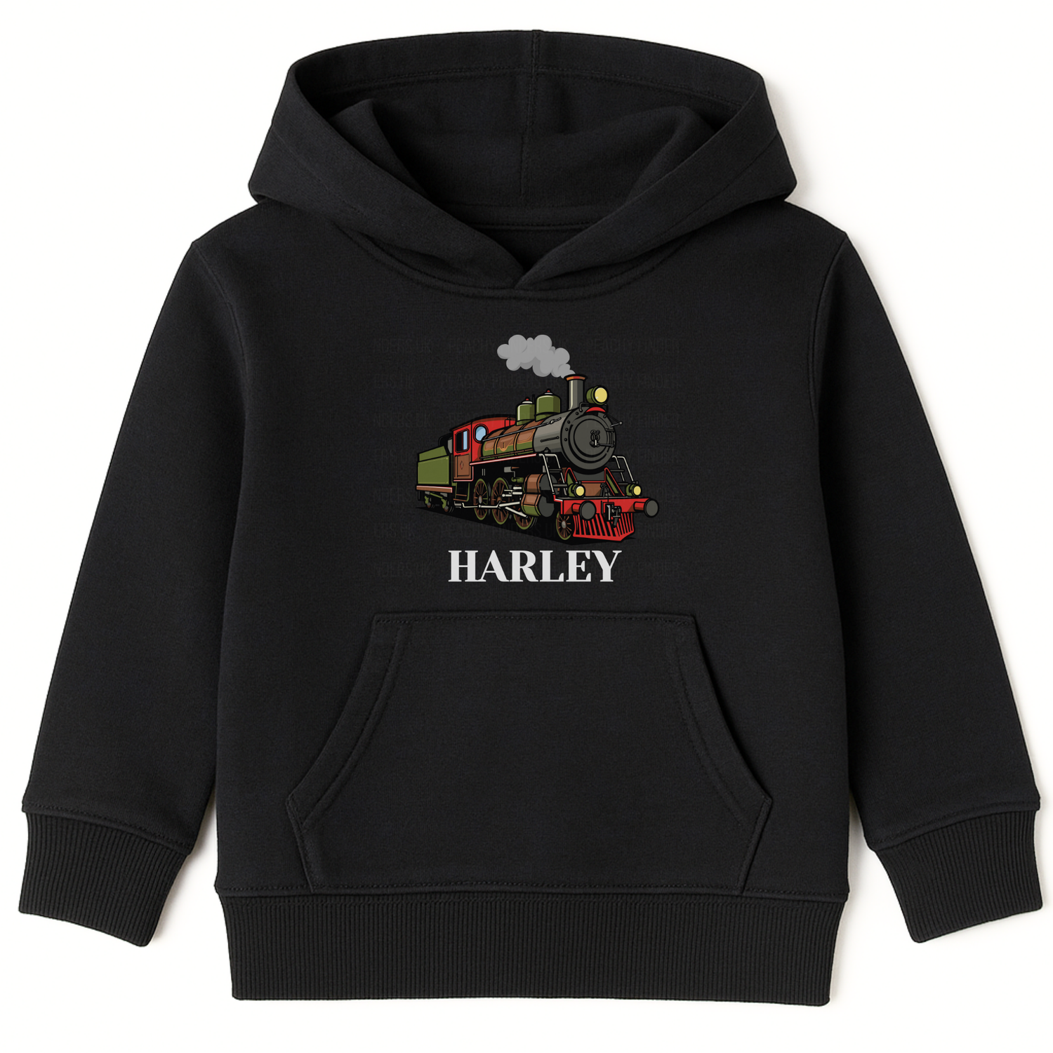 Kids black hoodie with a colourful steam train graphic and the custom name “Harley” printed underneath on the front.