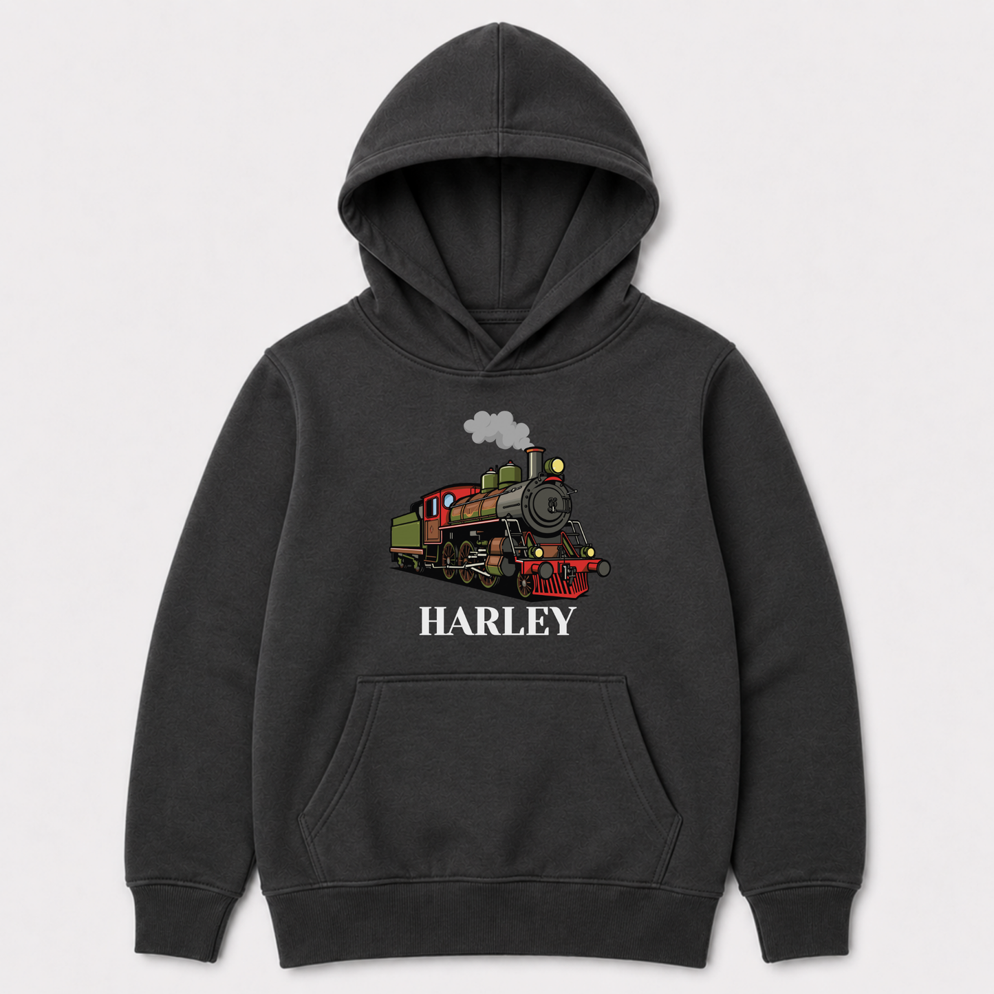 Kids dark grey personalised vintage steam train pullover hoodie