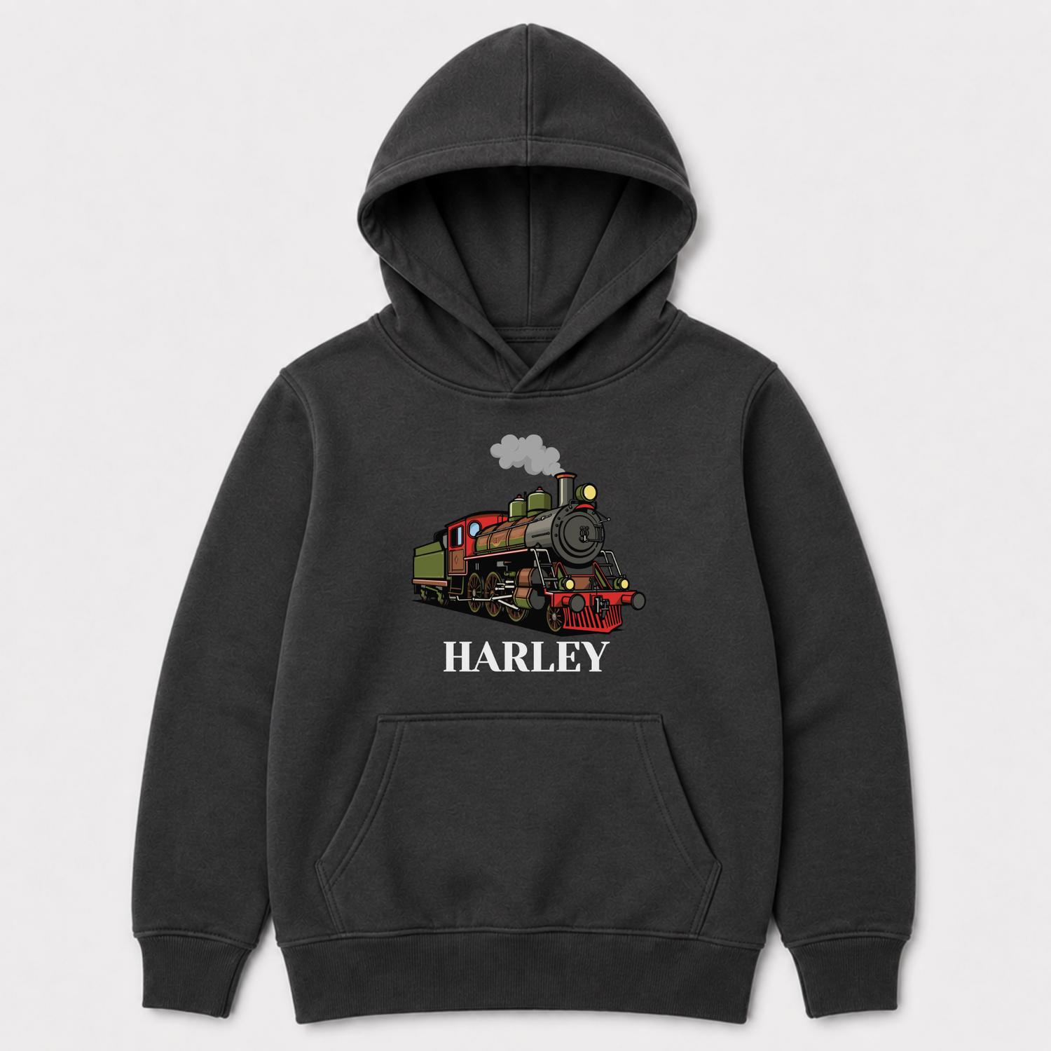 Kids dark grey personalised vintage steam train pullover hoodie