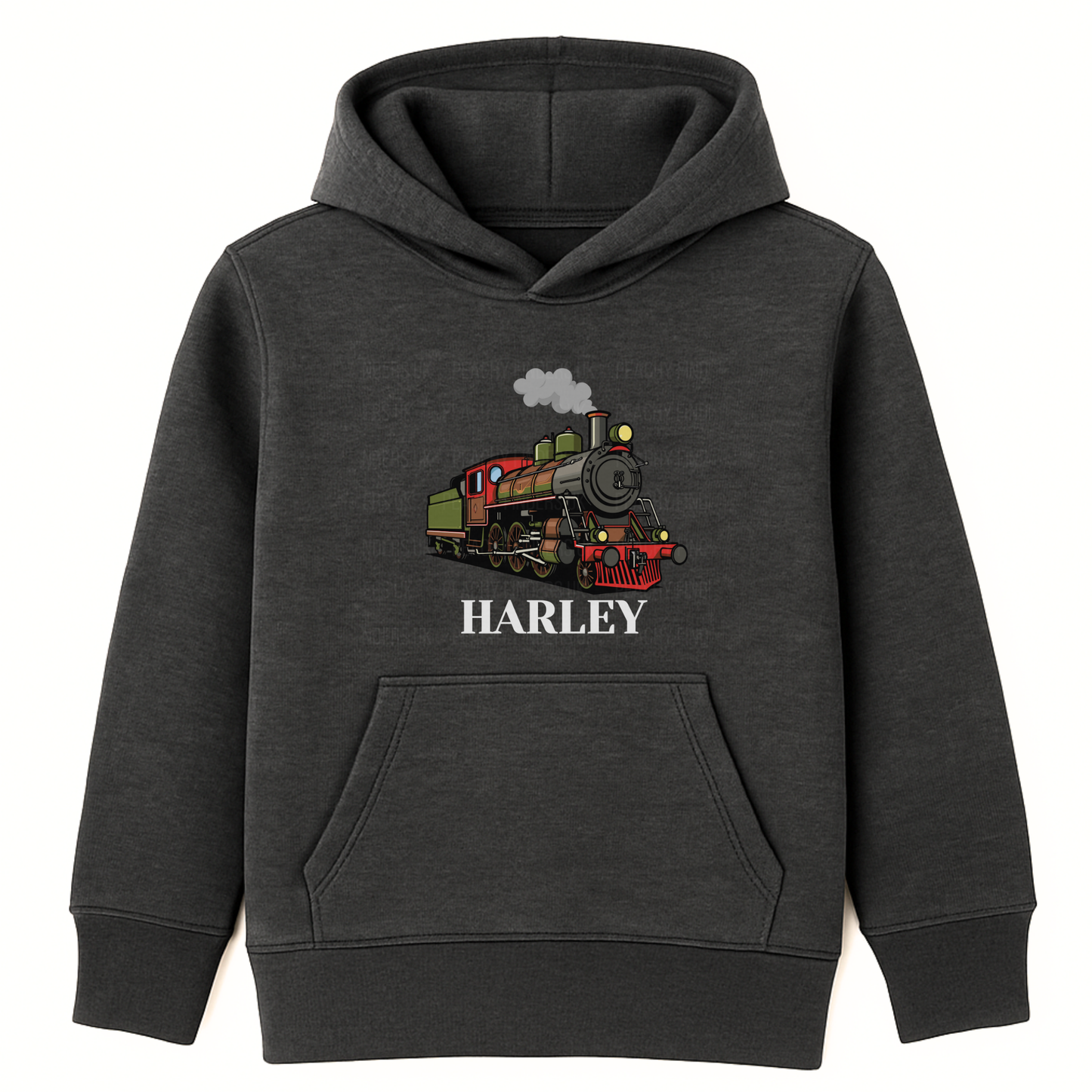 Kids charcoal grey hoodie with a colourful steam train graphic and the custom name “Harley” printed underneath on the front.