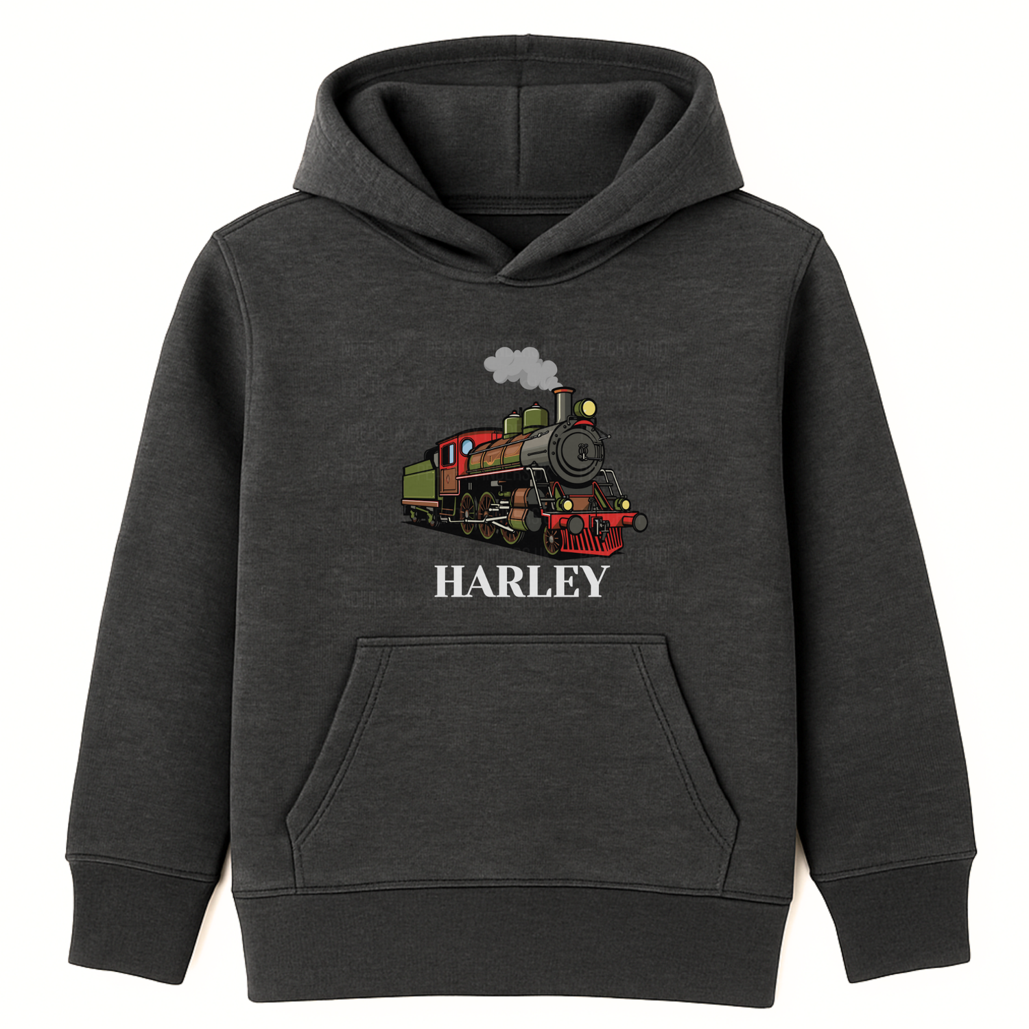 Kids charcoal grey hoodie with a colourful steam train graphic and the custom name “Harley” printed underneath on the front.