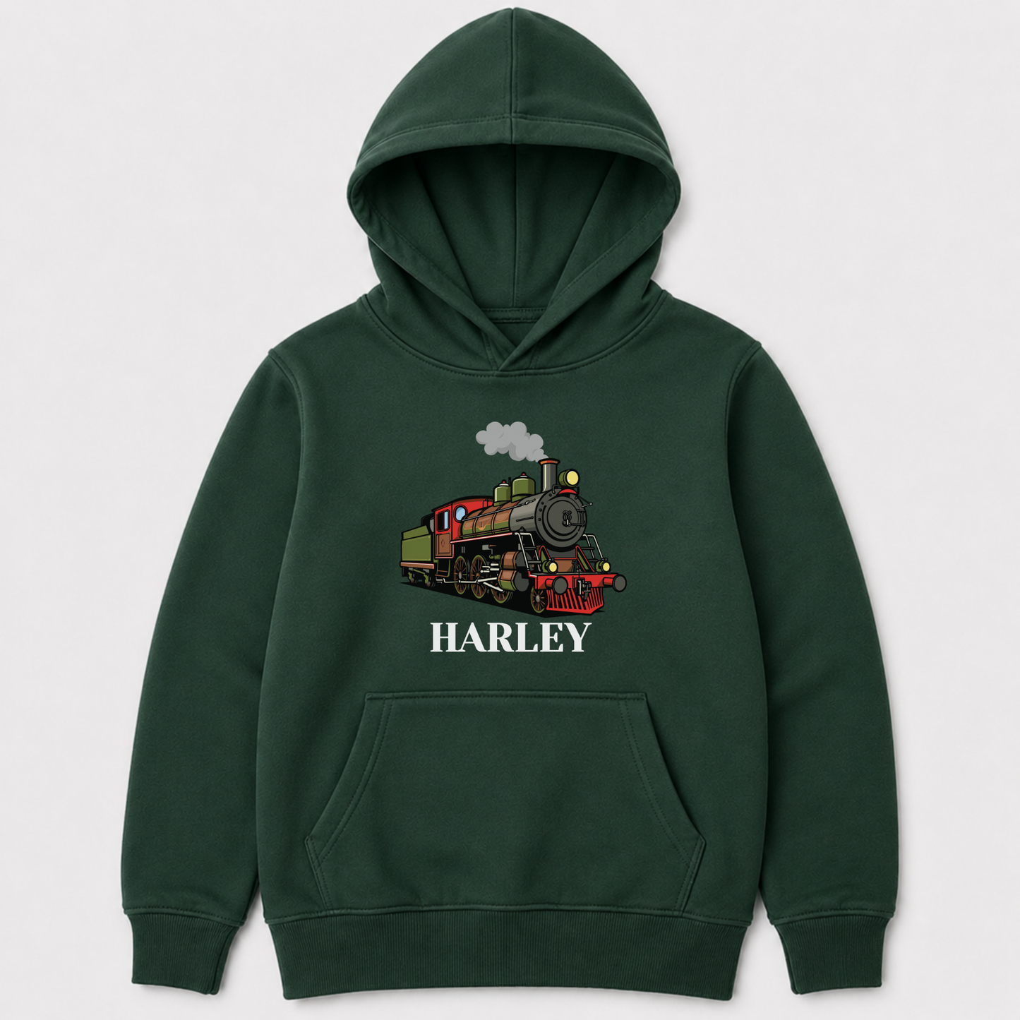 Dark green kids personalised vintage steam train pullover hoodie