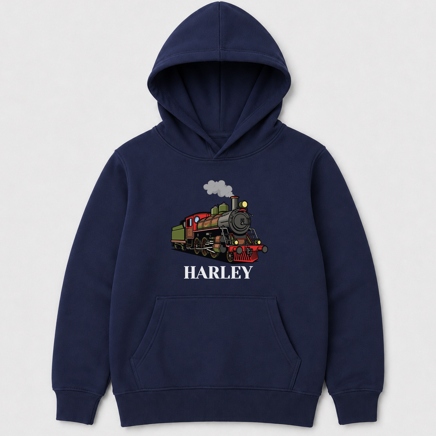 Kids navy blue pullover hoodie with a vintage steam train graphic and the name 'HARLEY' printed on the chest, displayed against a light grey background.