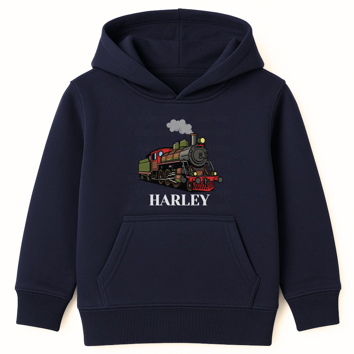 Kids navy hoodie with a colourful steam train graphic and the custom name “Harley” printed underneath on the front.