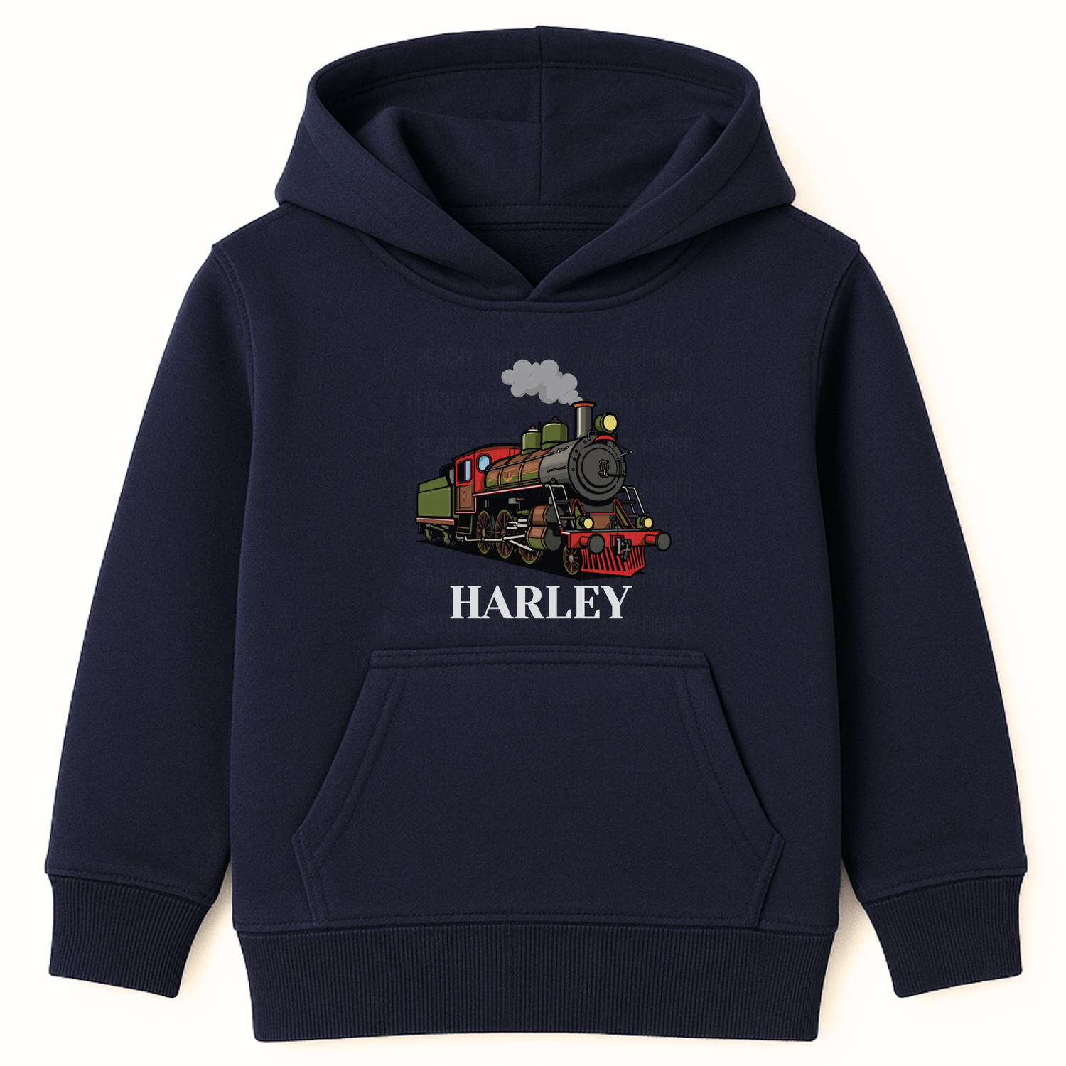 Kids navy hoodie with a colourful steam train graphic and the custom name “Harley” printed underneath on the front.