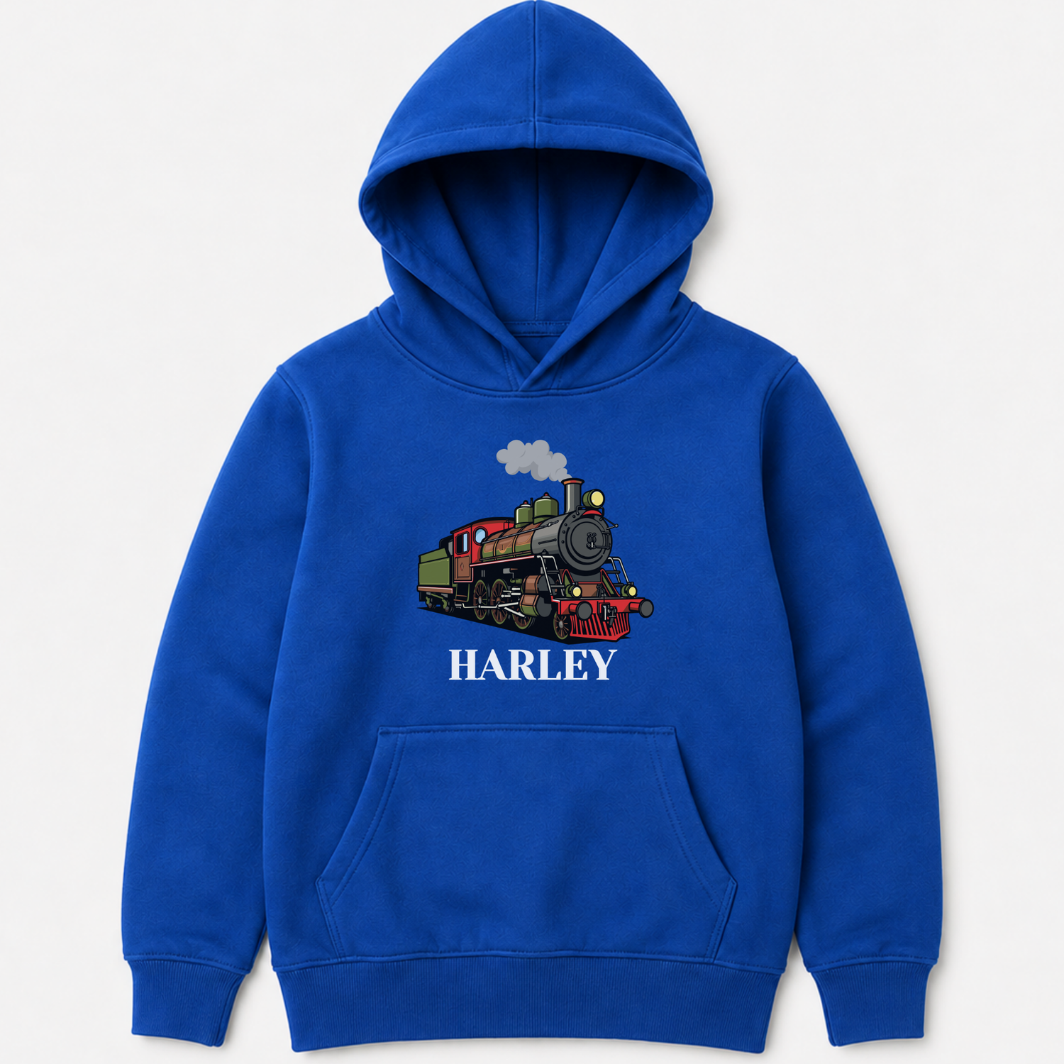 Kids royal blue personalised vintage steam train pullover hoodie