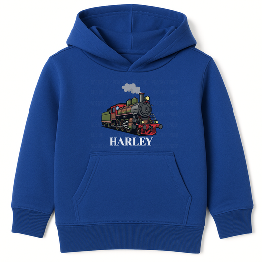 Kids royal blue hoodie with a colourful steam train graphic and the custom name “Harley” printed underneath on the front.
