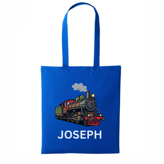 Kids personalised steam train tote bag in royal blue with a colourful vintage steam engine and a child’s name printed underneath.