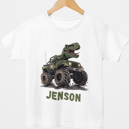 Kids white personalised T-Rex monster truck t-shirt on hanger with name Jenson printed underneath.
