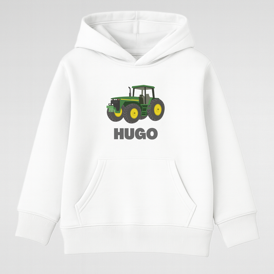 Flat lay of white kids personalised tractor hoodie showing tractor graphic and name print, product detail image.