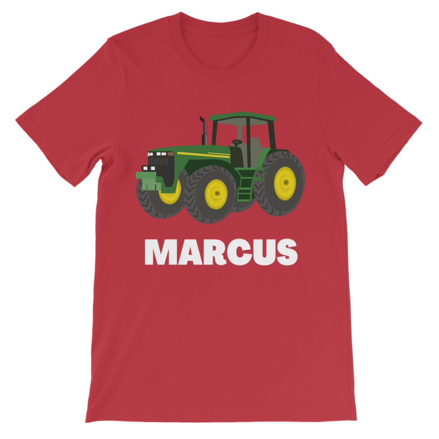 Red kids T-shirt with a green tractor and personalised name “Marcus” printed in bold white letters on the front.