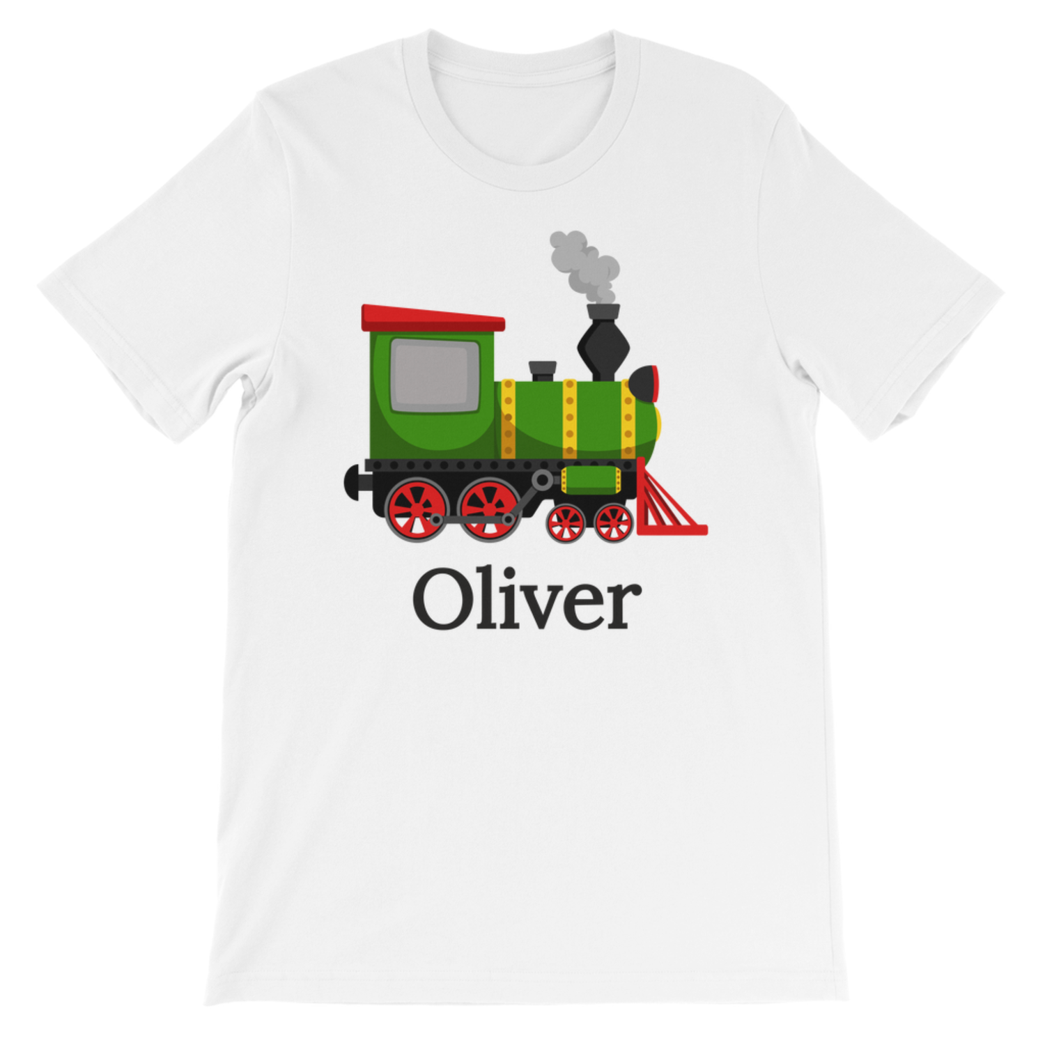 Kids white t-shirt with a green train design and 'Oliver' text on a white background