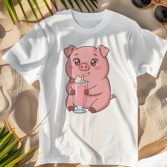 A children's white t-shirt lies on a sandy background with palm leaves and sunglasses. The shirt features a cartoon pig happily sipping a strawberry milkshake topped with whipped cream and a strawberry.
