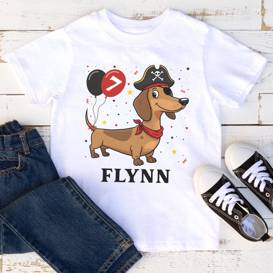 Kids birthday t-shirt with cartoon pirate dachshund and custom name