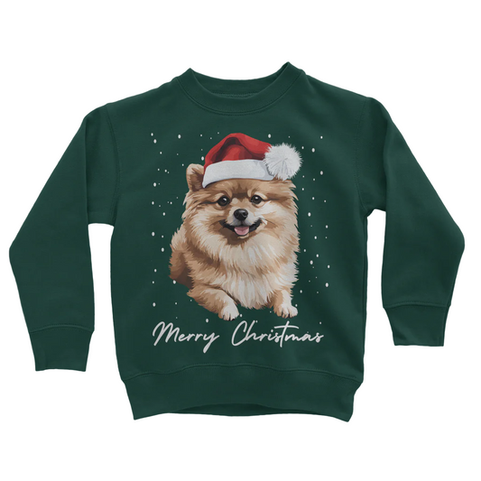Kids dark green sweatshirt with a graphic of a Pomeranian dog wearing a Santa hat and the text 'Merry Christmas'.