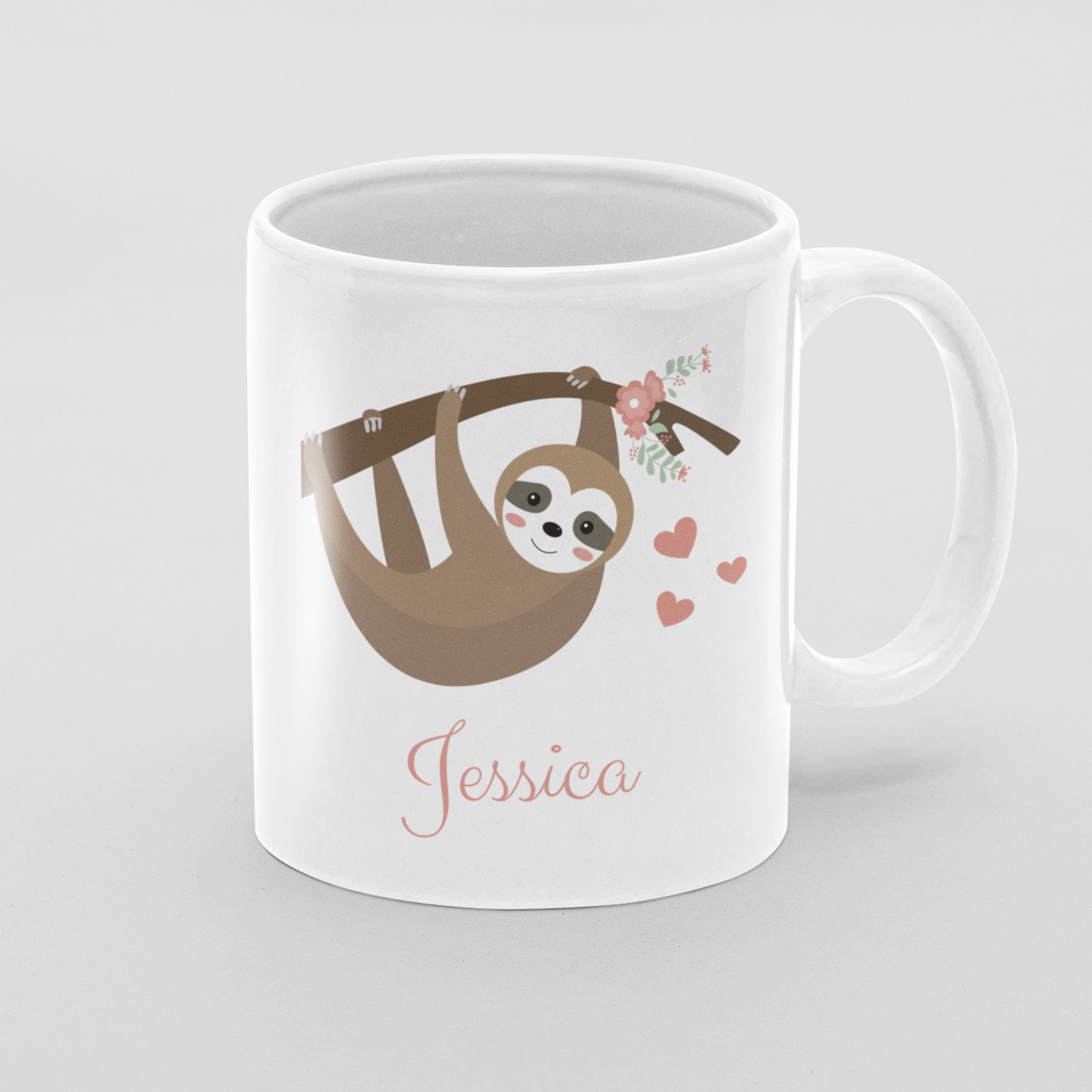 Custom-Printed Sloth Mug with Pink Hearts & Flowers