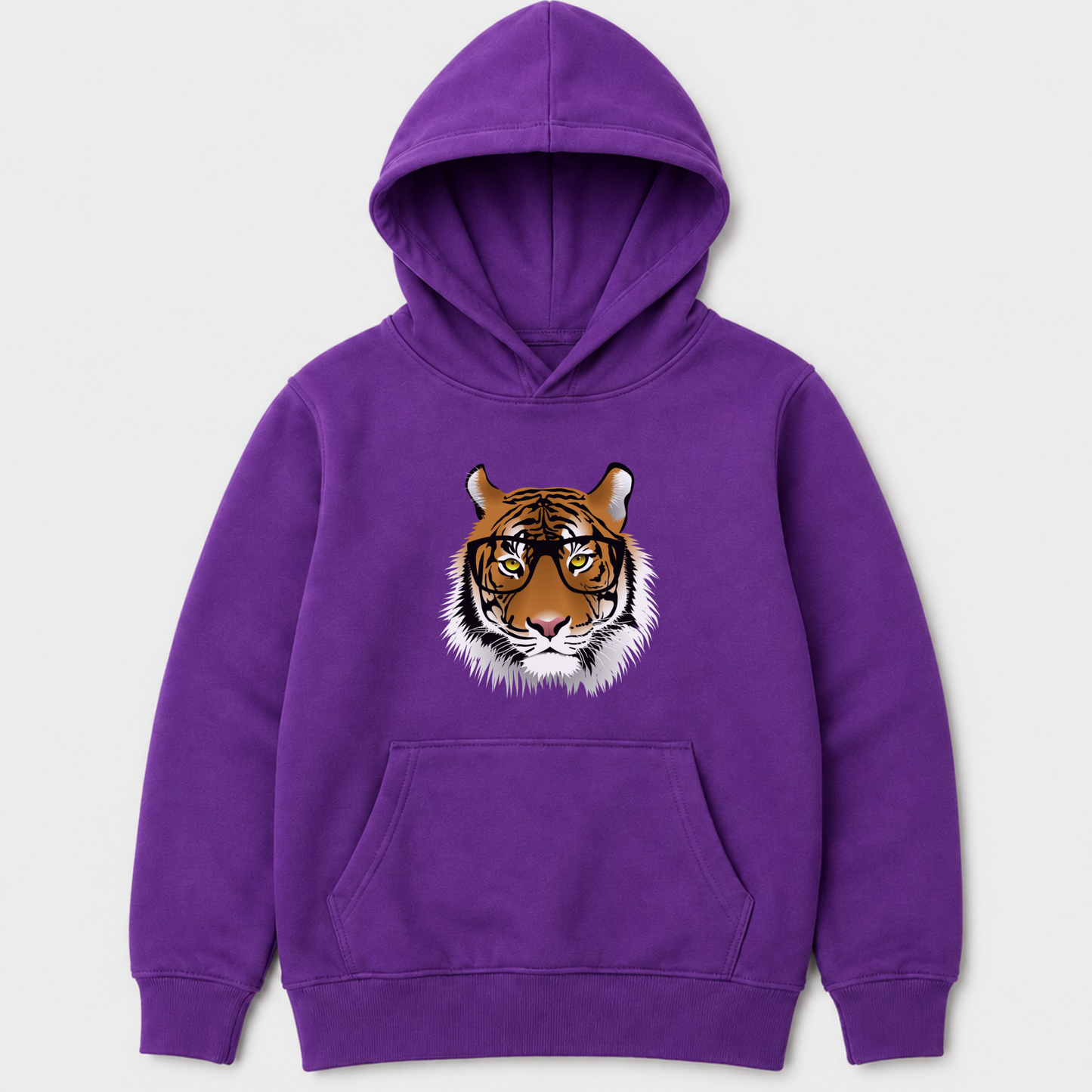 A kids purple pullover hoodie featuring a detailed graphic of a tiger's face on the chest, displayed against a light grey background.