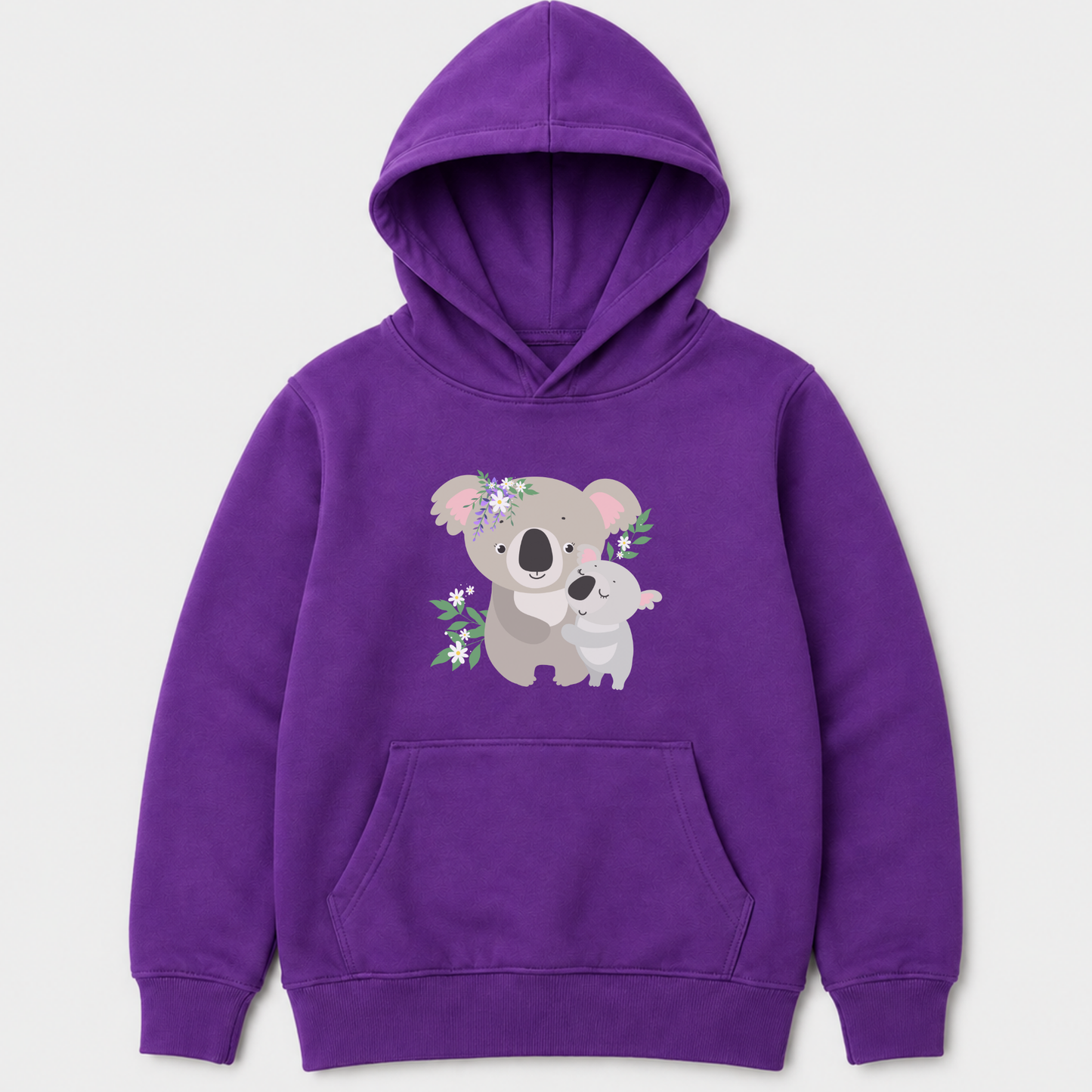 Purple girls koala hoodie with floral koala graphic and kangaroo pocket