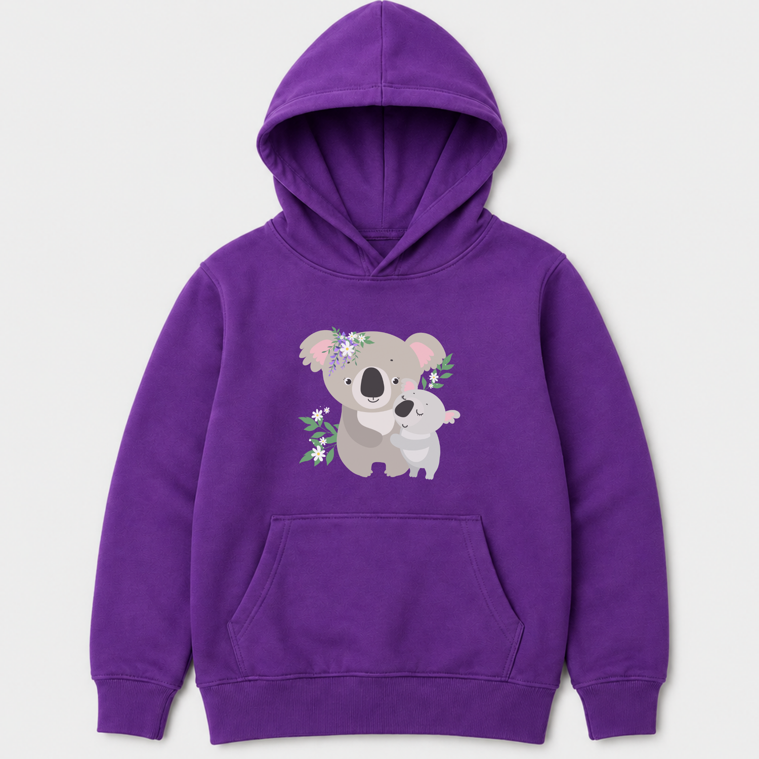 Purple girls koala hoodie with floral koala graphic and kangaroo pocket