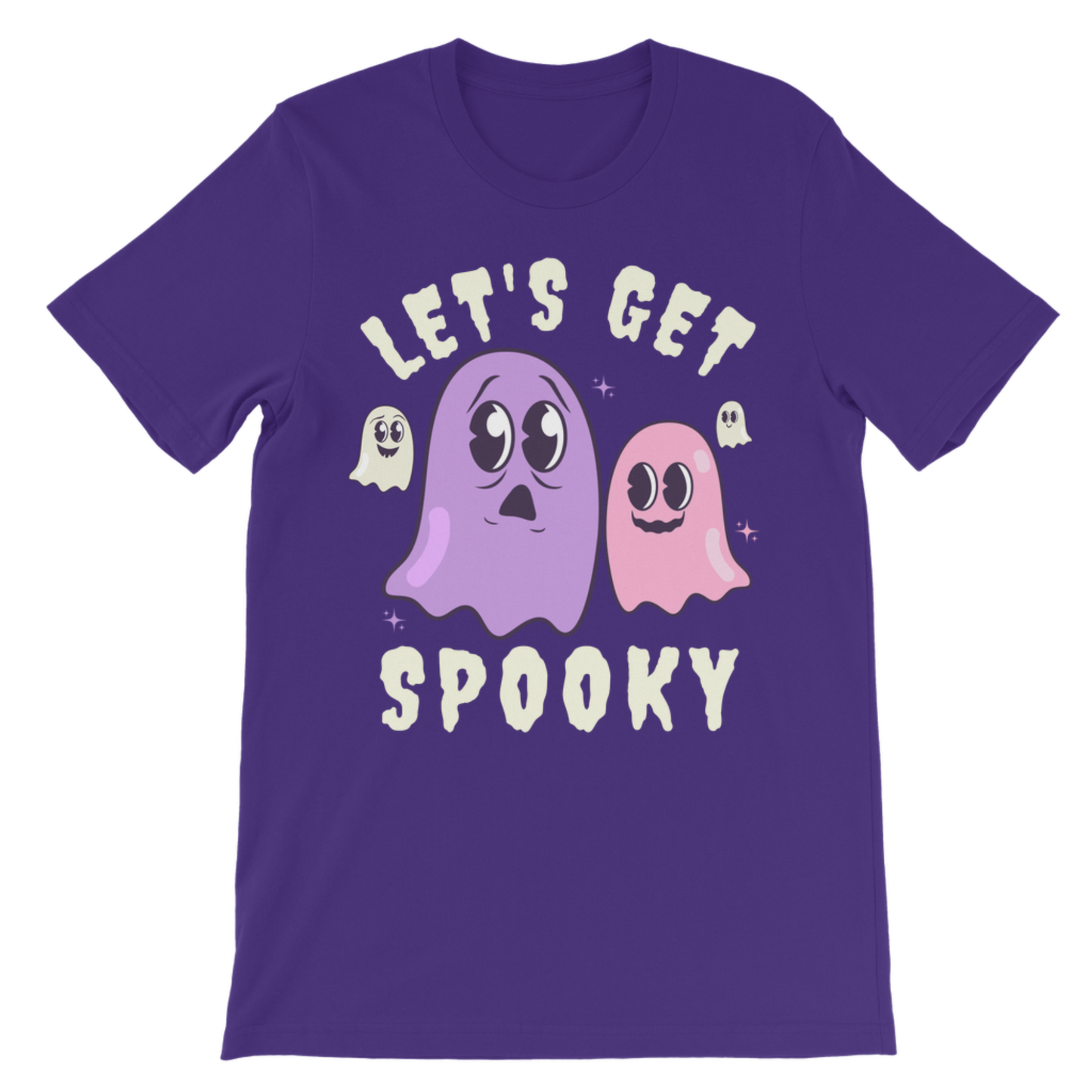 Purple kids Halloween T-shirt featuring pink and lilac cartoon ghosts with cream “Let’s Get Spooky” lettering.