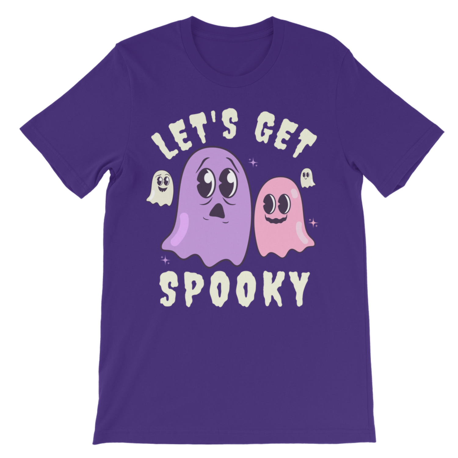 Purple kids Halloween T-shirt featuring pink and lilac cartoon ghosts with cream “Let’s Get Spooky” lettering.