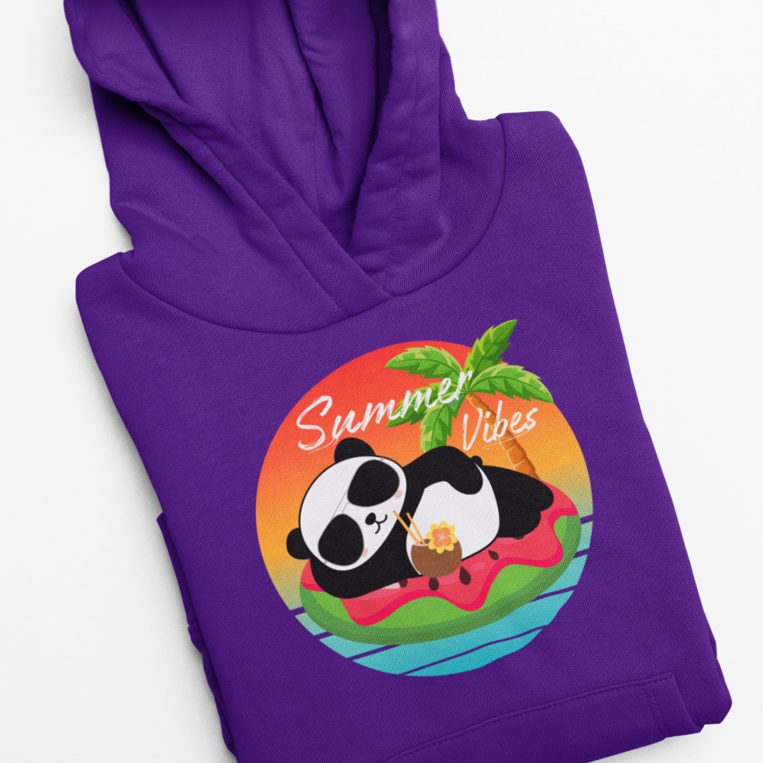 Folded purple kids hoodie featuring a “Summer Vibes” panda graphic lounging on a watermelon float with a tropical sunset and palm tree.