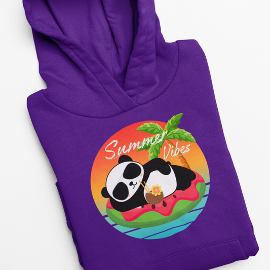Folded purple kids hoodie featuring a “Summer Vibes” panda graphic lounging on a watermelon float with a tropical sunset and palm tree.