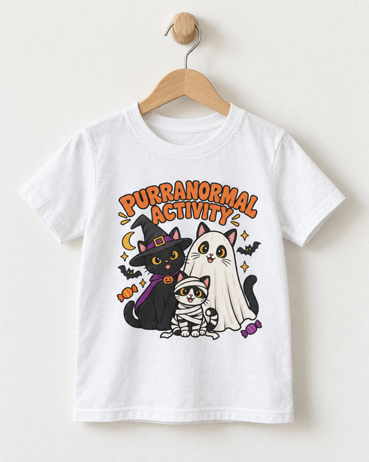 White kids’ Purranormal Activity Halloween cat T-shirt displayed on a natural wooden hanger
