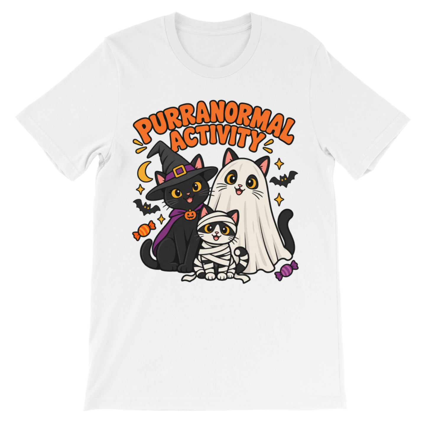 White crewneck short sleeve kids’ Halloween T-shirt with Purranormal Activity slogan and three costumed cats