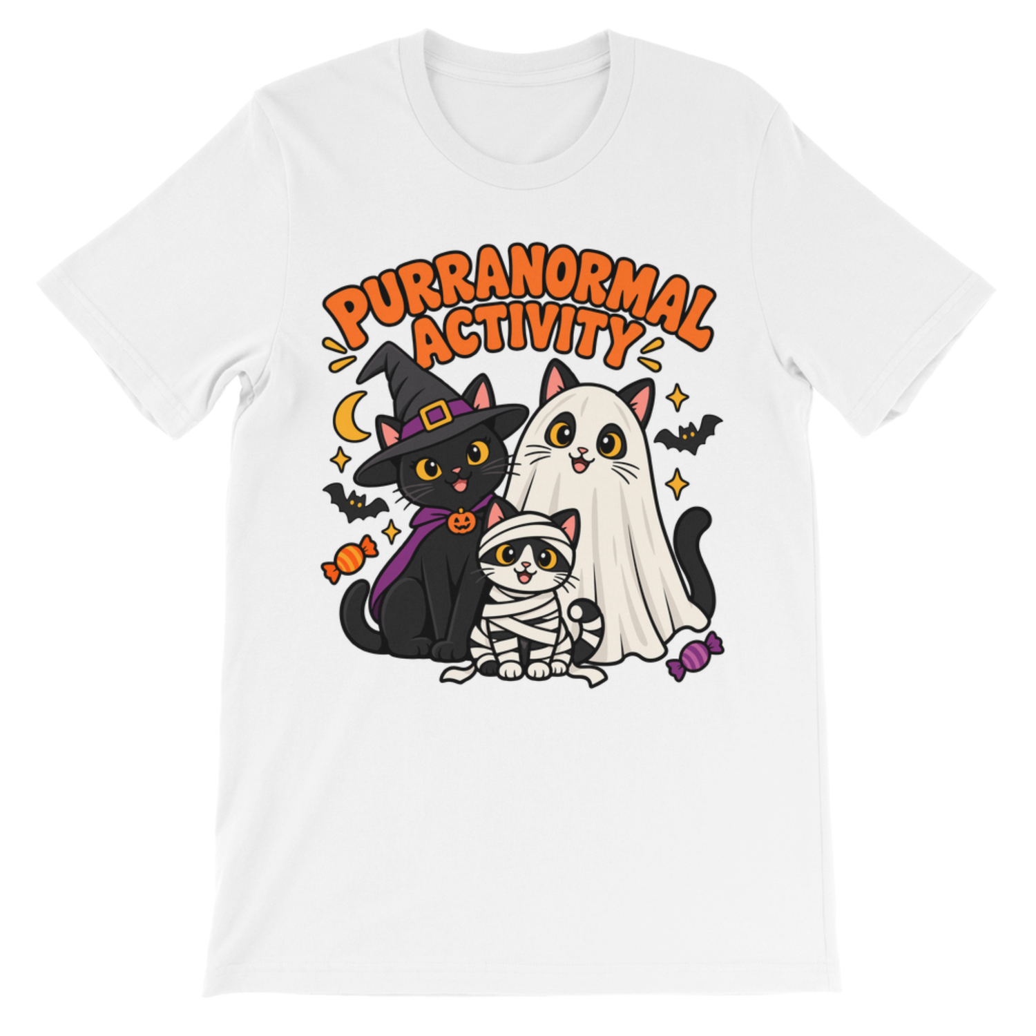White crewneck short sleeve kids’ Halloween T-shirt with Purranormal Activity slogan and three costumed cats
