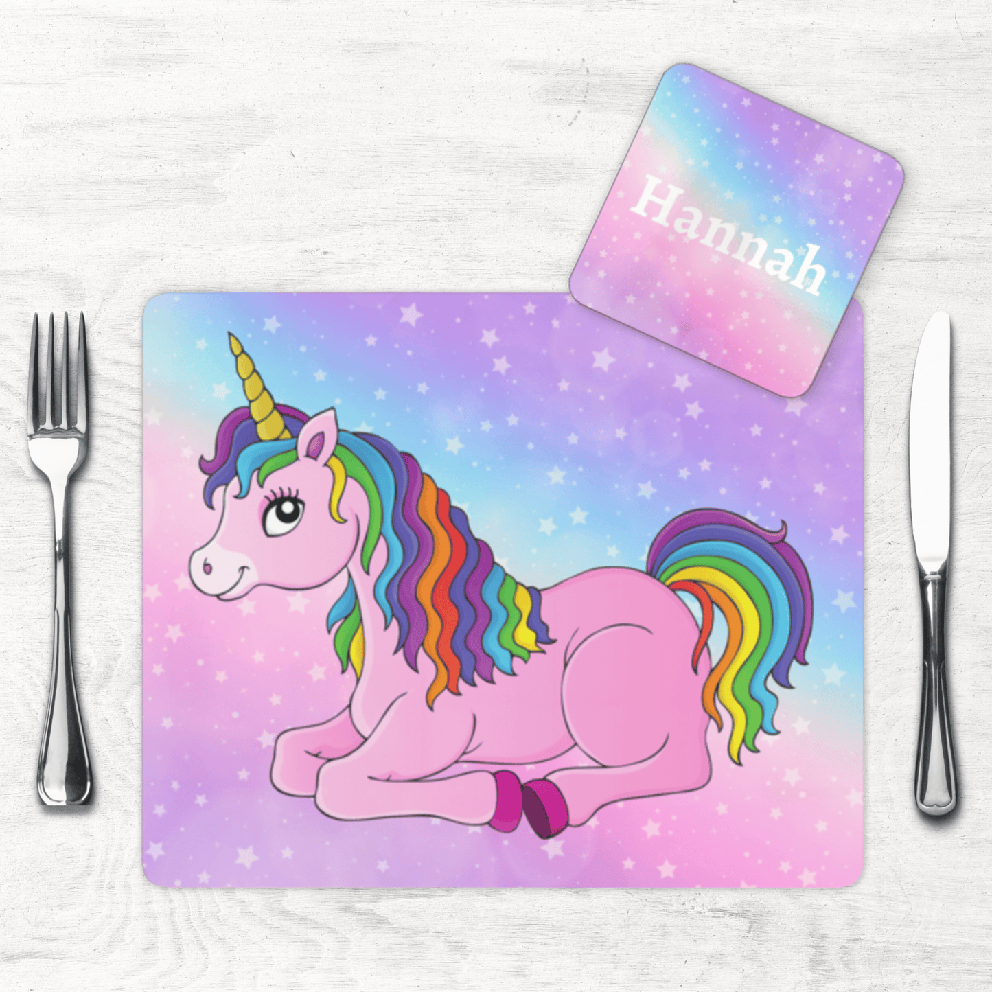 Children's personalised Unicorn Placemat & Coaster set