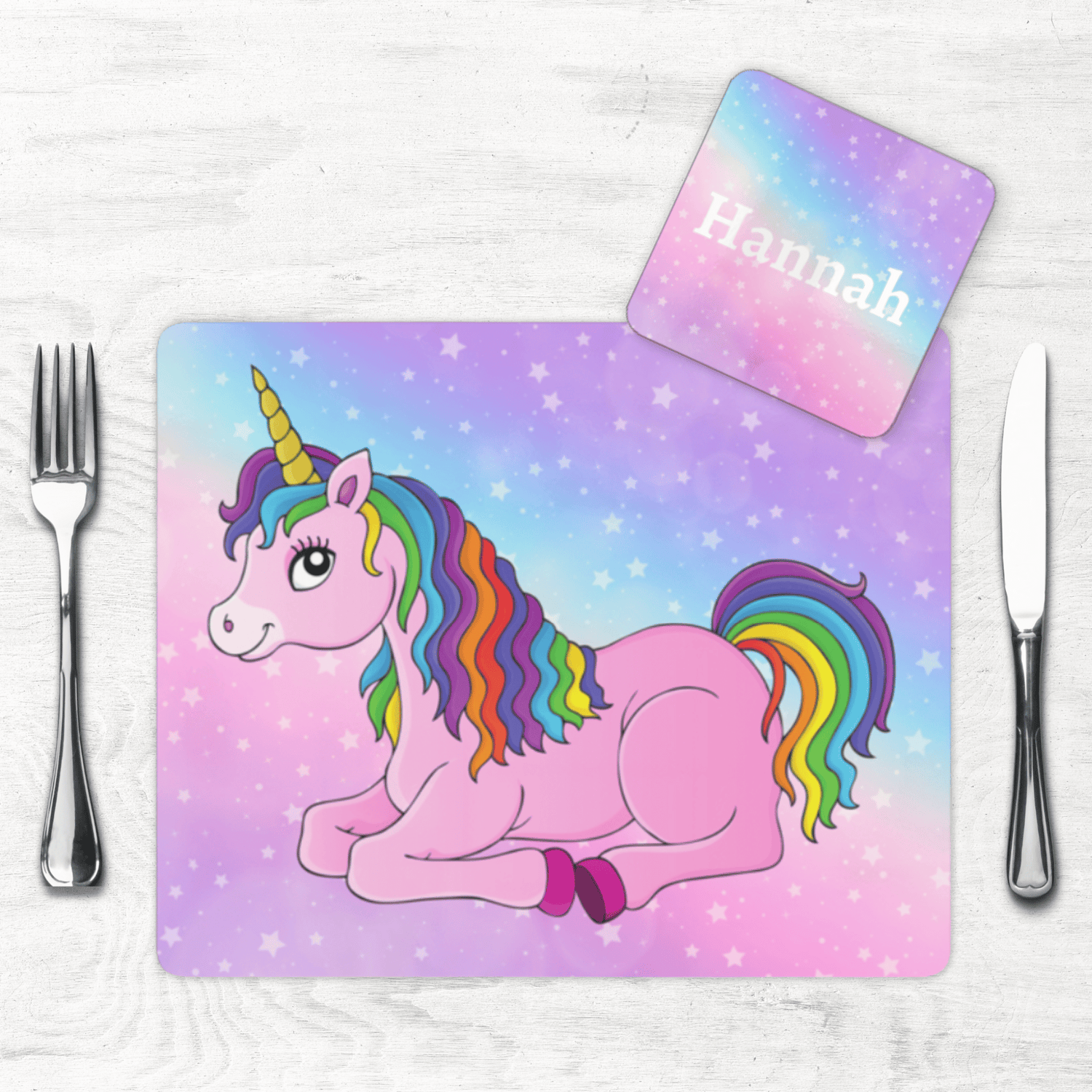 Children's personalised Unicorn Placemat & Coaster set