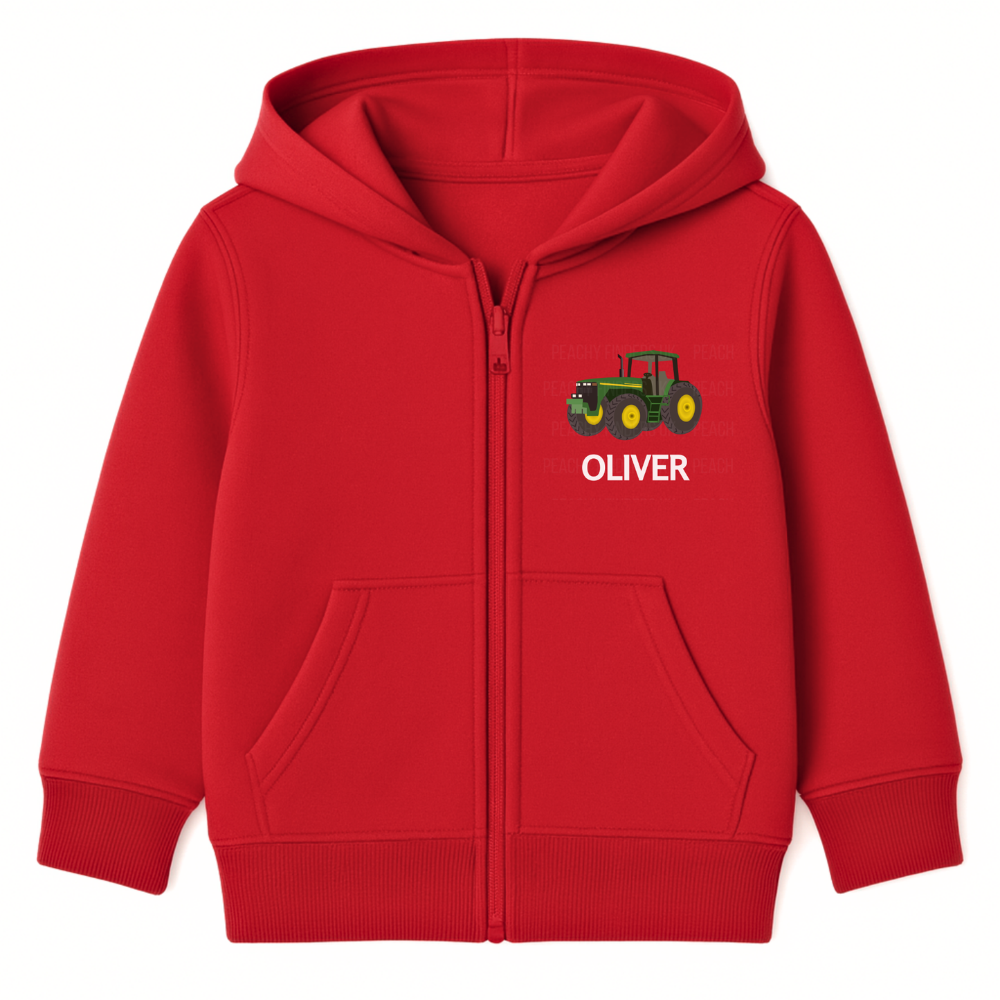 kids red zip hoodie featuring a green and yellow tractor and custom name printed on left hand side of chest