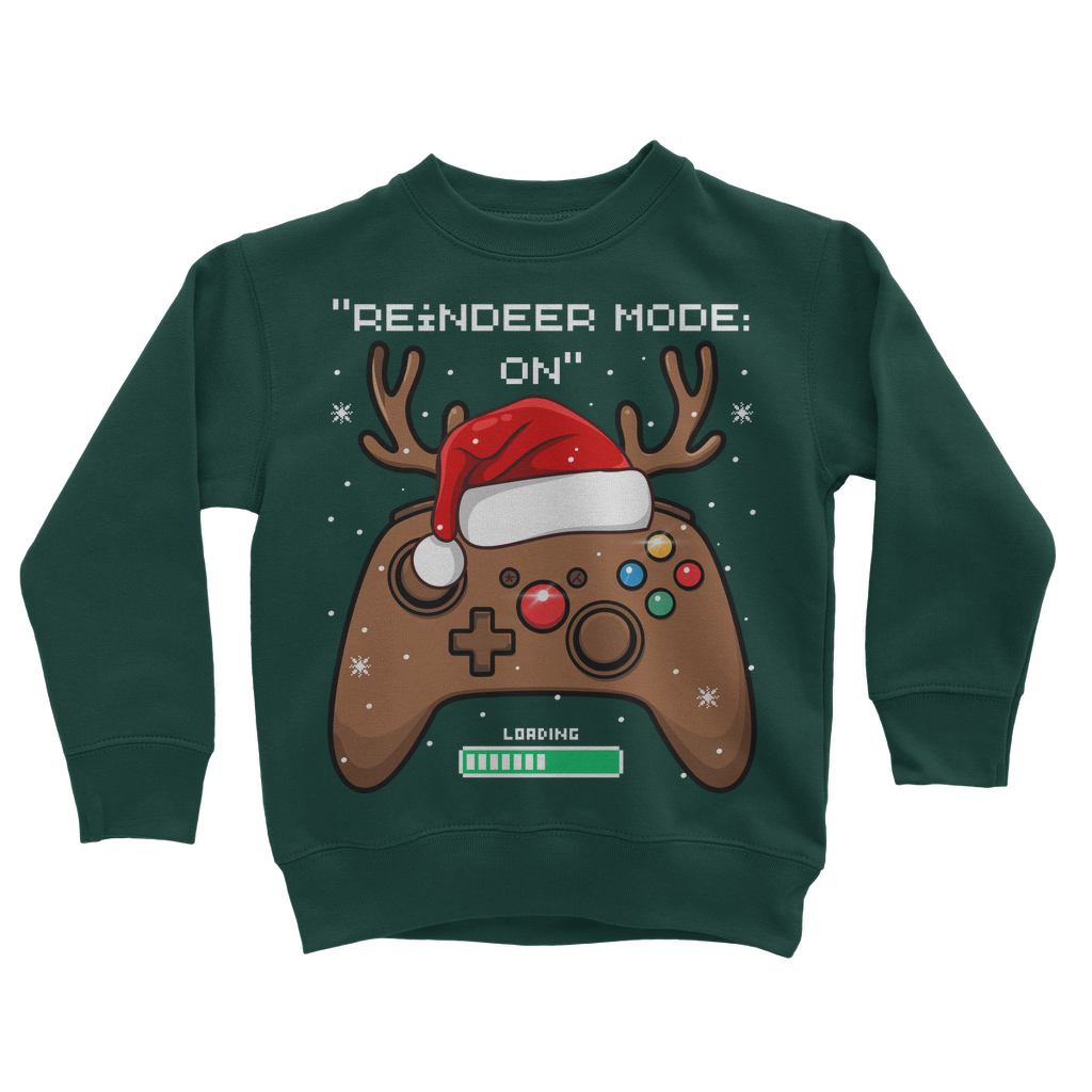 Kids dark green Christmas jumper with a reindeer-themed gaming controller design and the slogan “Reindeer Mode: ON”