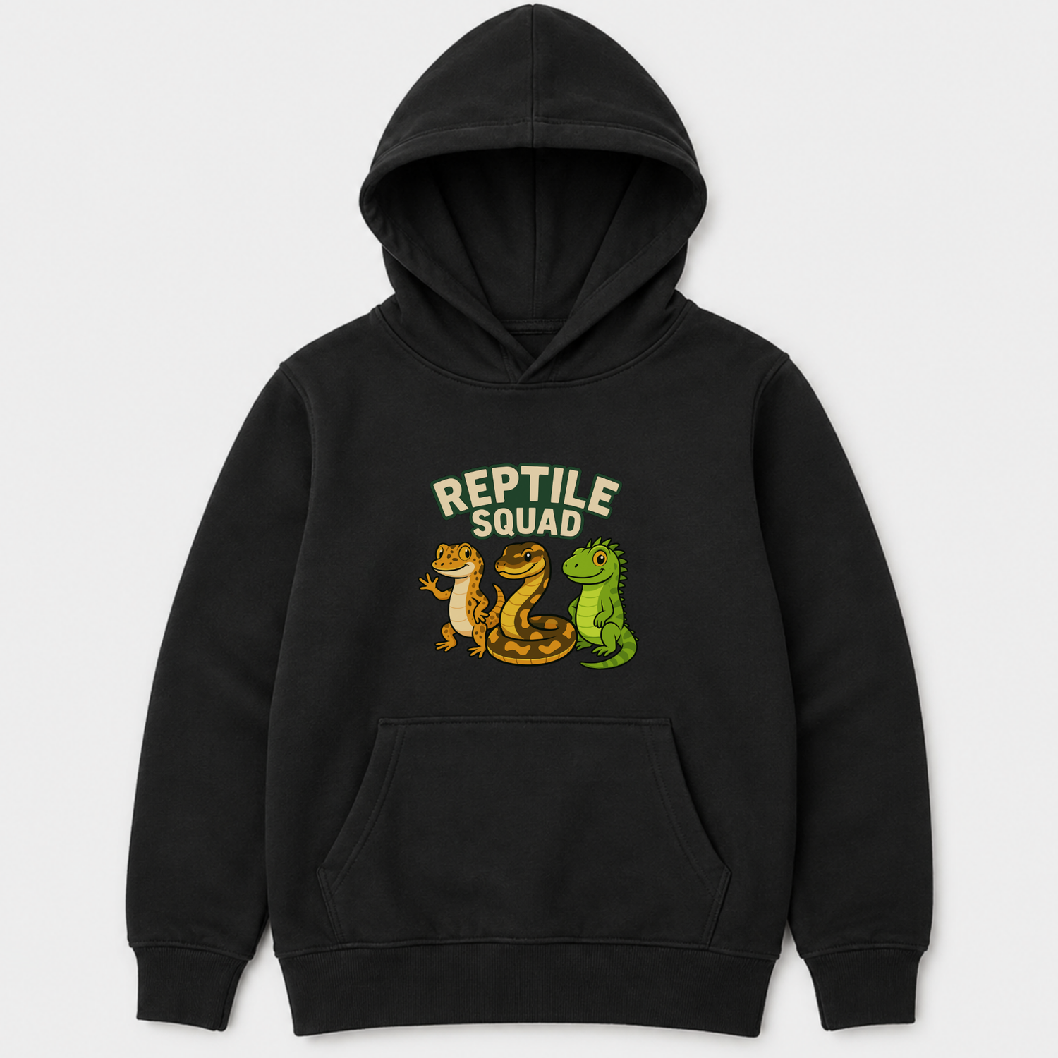 Kids Reptile Squad hoodie in black with gecko, snake and green lizard graphic on the front.
