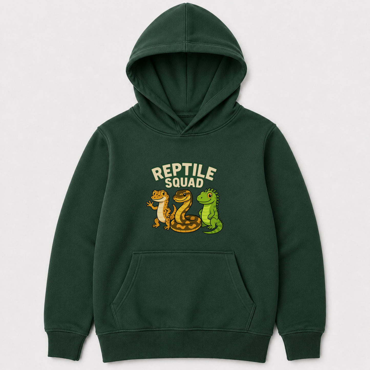 Dark green kids hoodie featuring Reptile Squad artwork with a gecko, patterned snake and green lizard.
