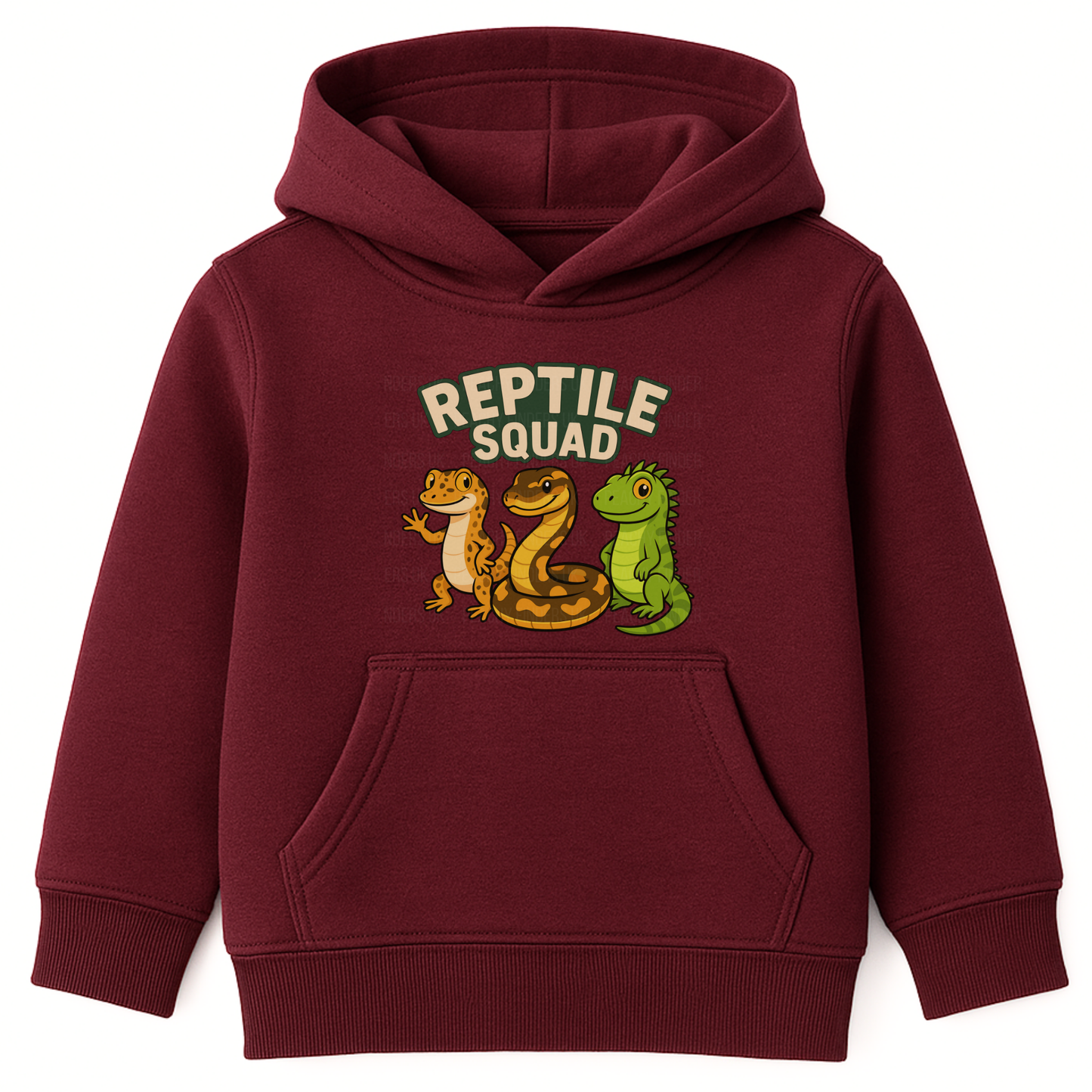 Burgundy kids hoodie with “Reptile Squad” text and cute cartoon gecko, snake and lizard characters on the front.