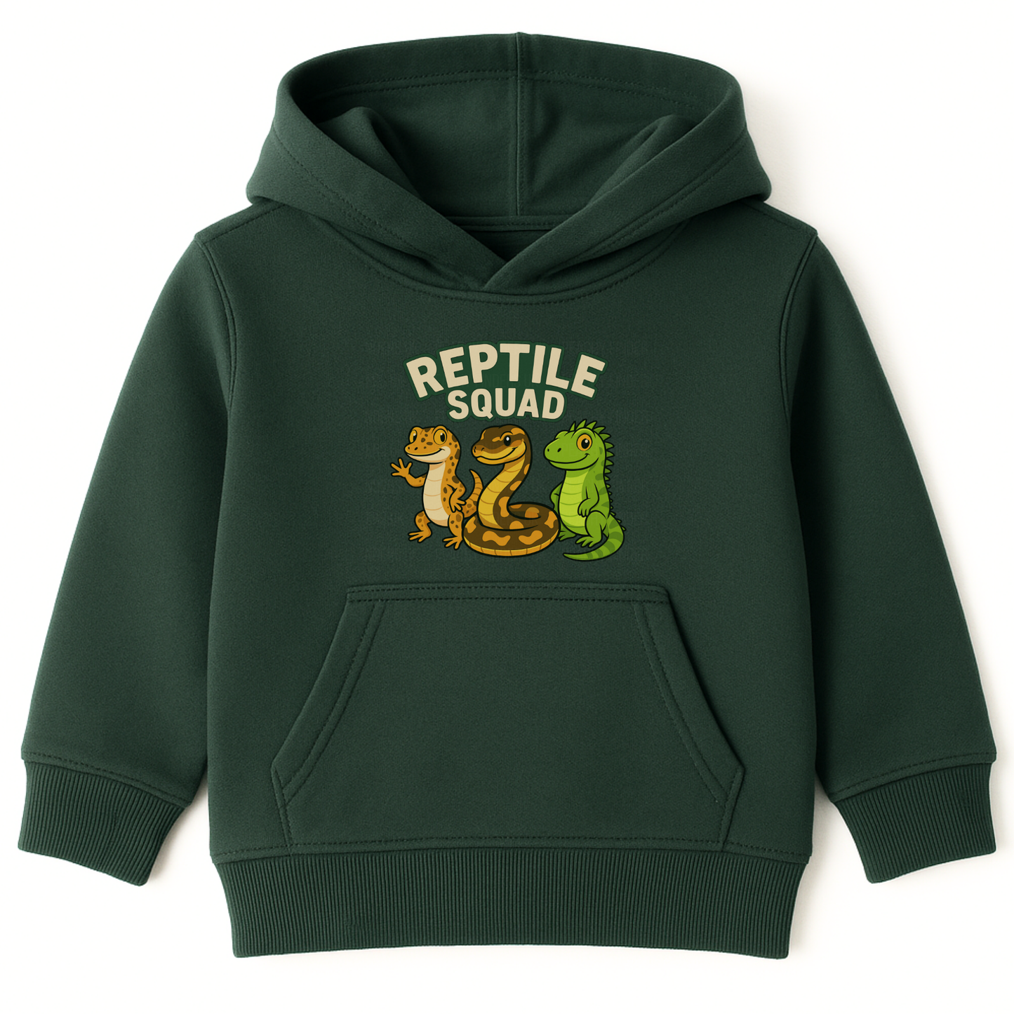 Dark green kids hoodie with “Reptile Squad” text and cute cartoon gecko, snake and lizard characters on the front.