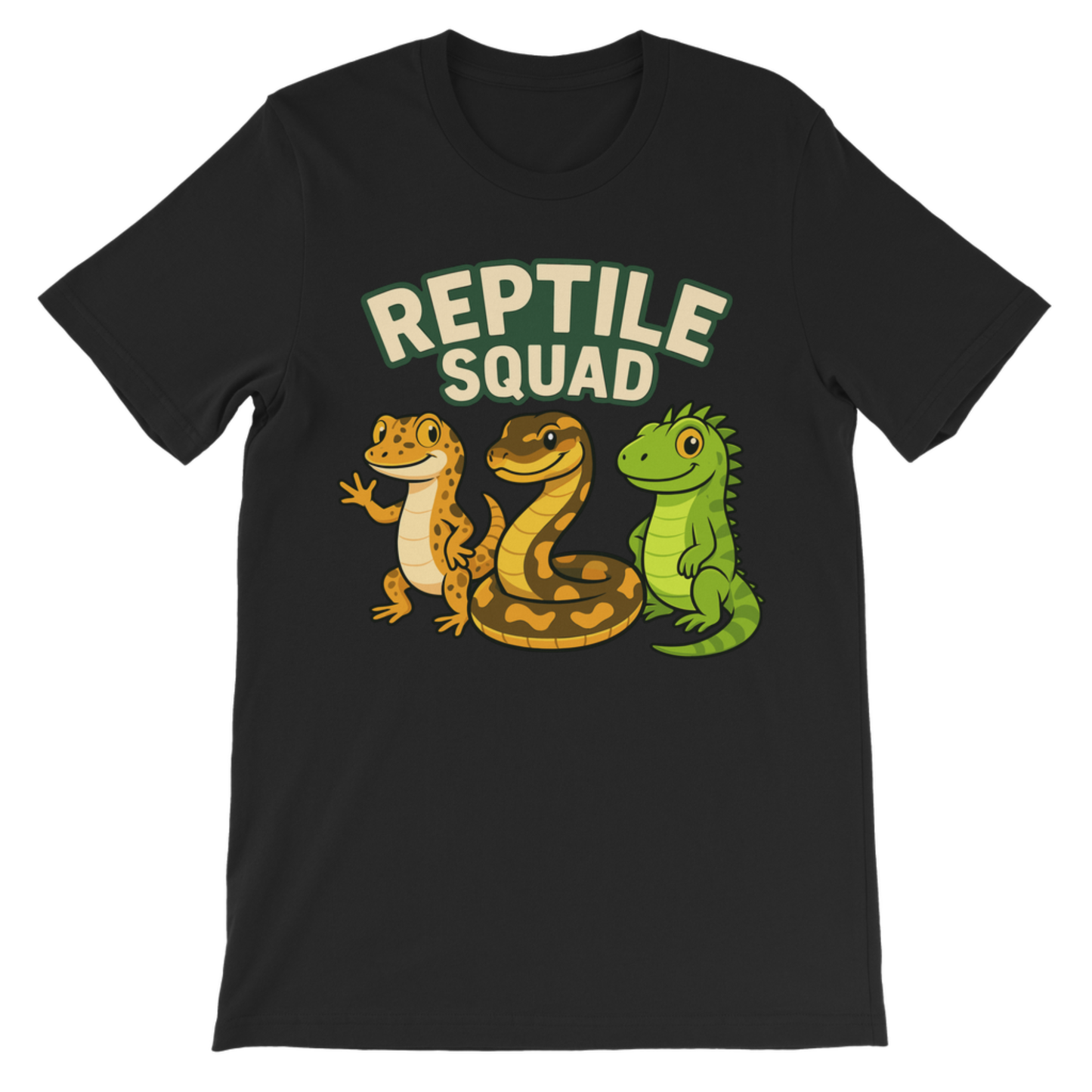 A kids black short-sleeve crewneck t-shirt featuring a 'REPTILE SQUAD' graphic on the chest with three cartoon reptiles: snake, gecko, and a iguana.