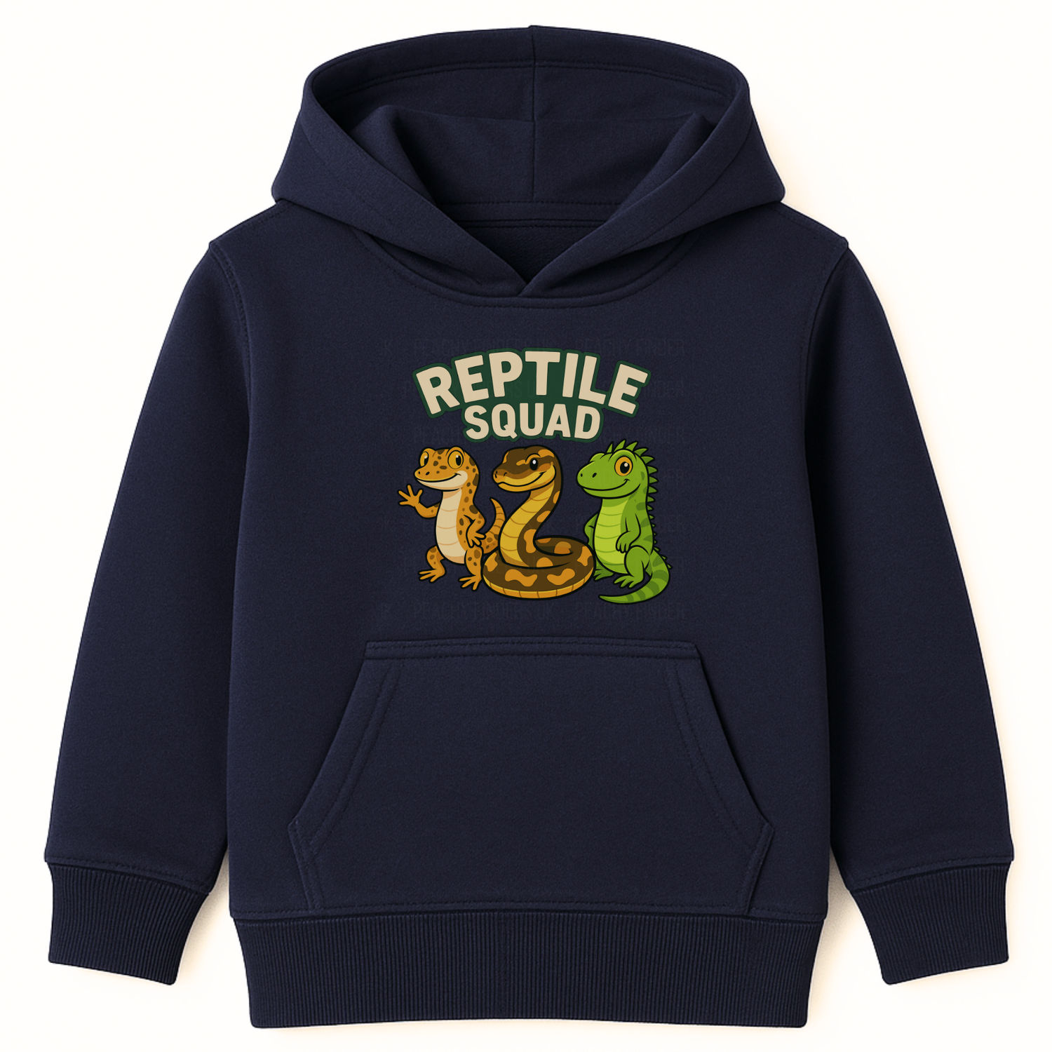 Navy kids hoodie with “Reptile Squad” text and cute cartoon gecko, snake and lizard characters on the front.